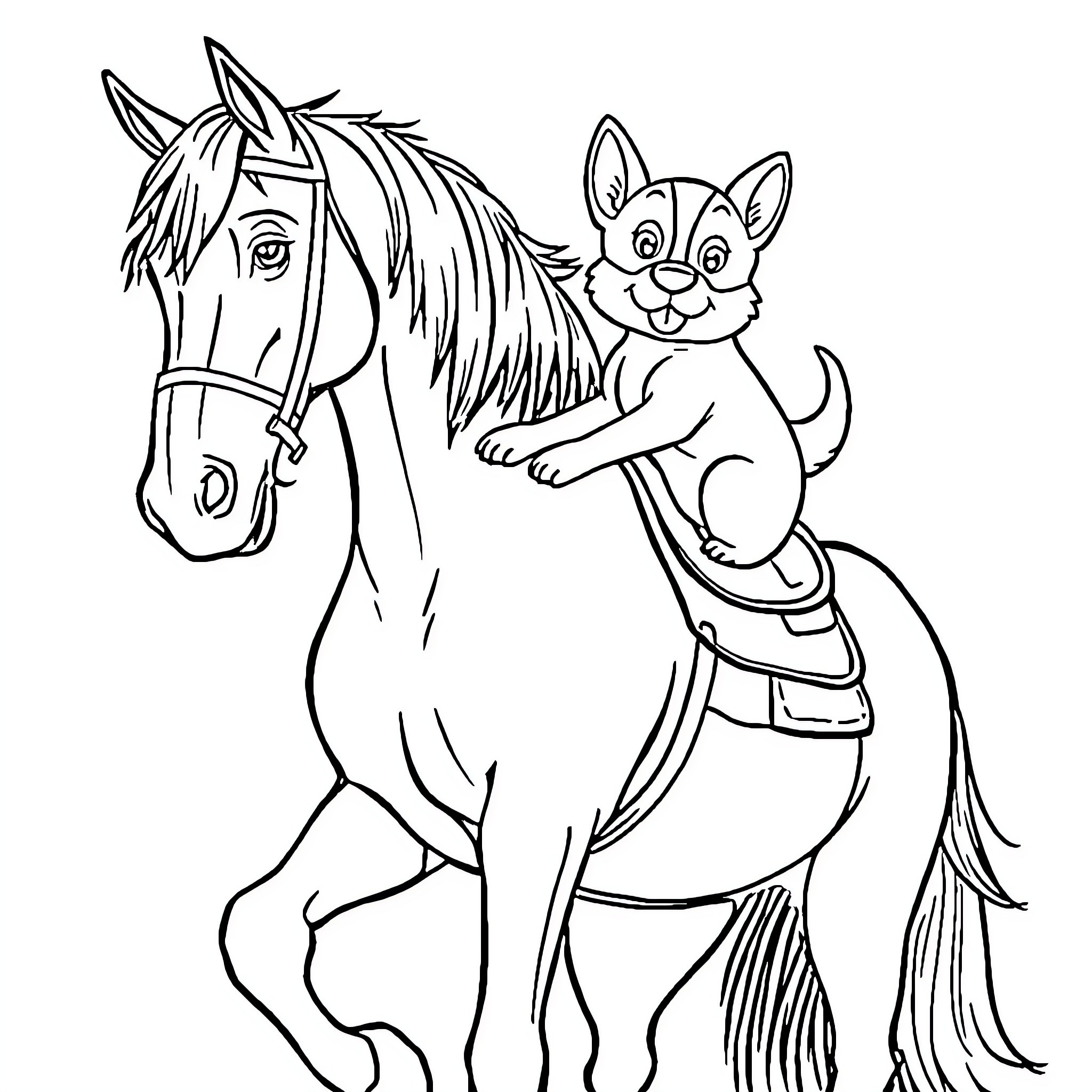 Dog and Playful Puppy on Horse Coloring Page (free black-and-white line drawing printable PDF for all, from beginners to advanced learners, including children, teens, adults, and seniors)