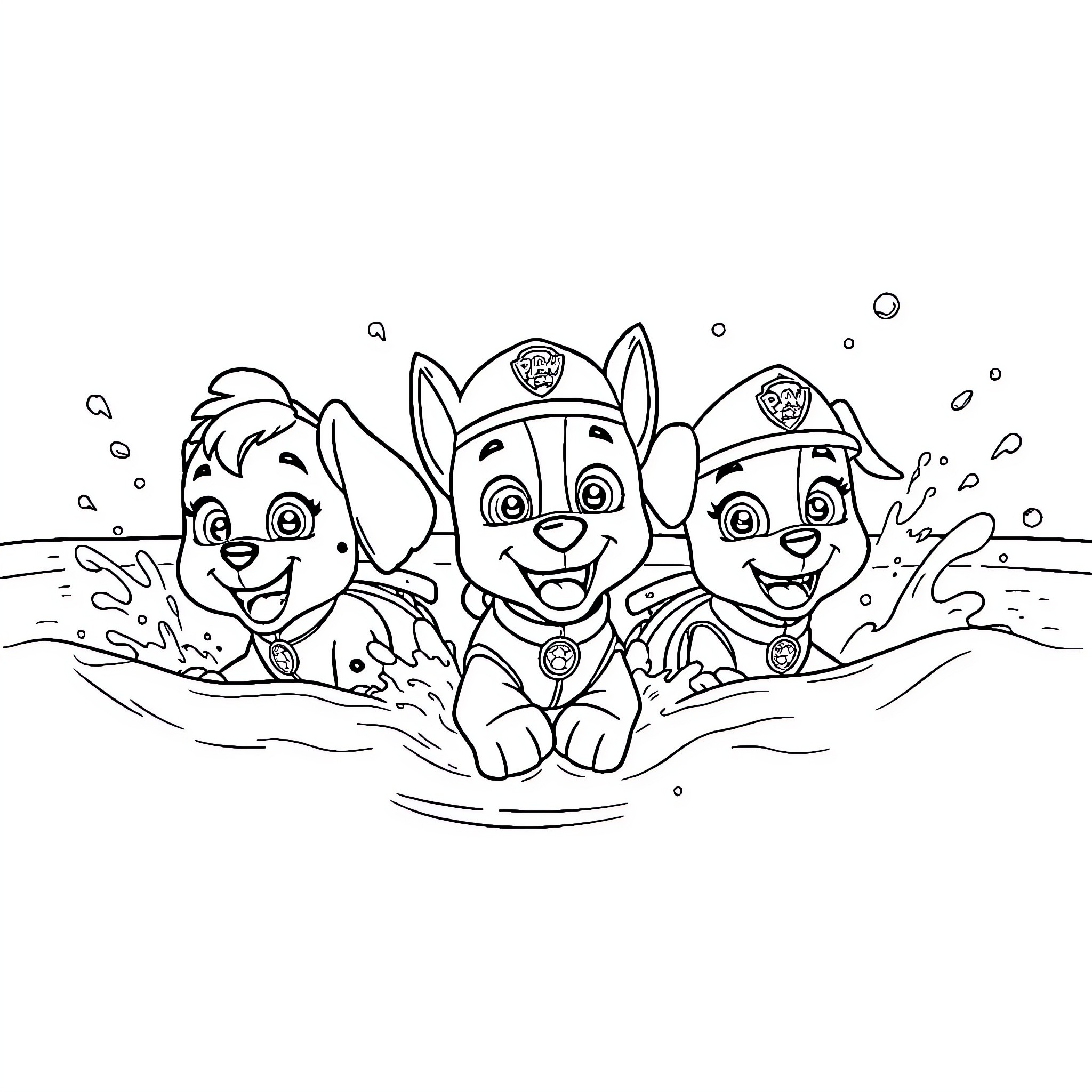 Paw Patrol characters playing in the water Coloring Page (free black-and-white line drawing printable PDF for all, from beginners to advanced learners, including children, teens, adults, and seniors)