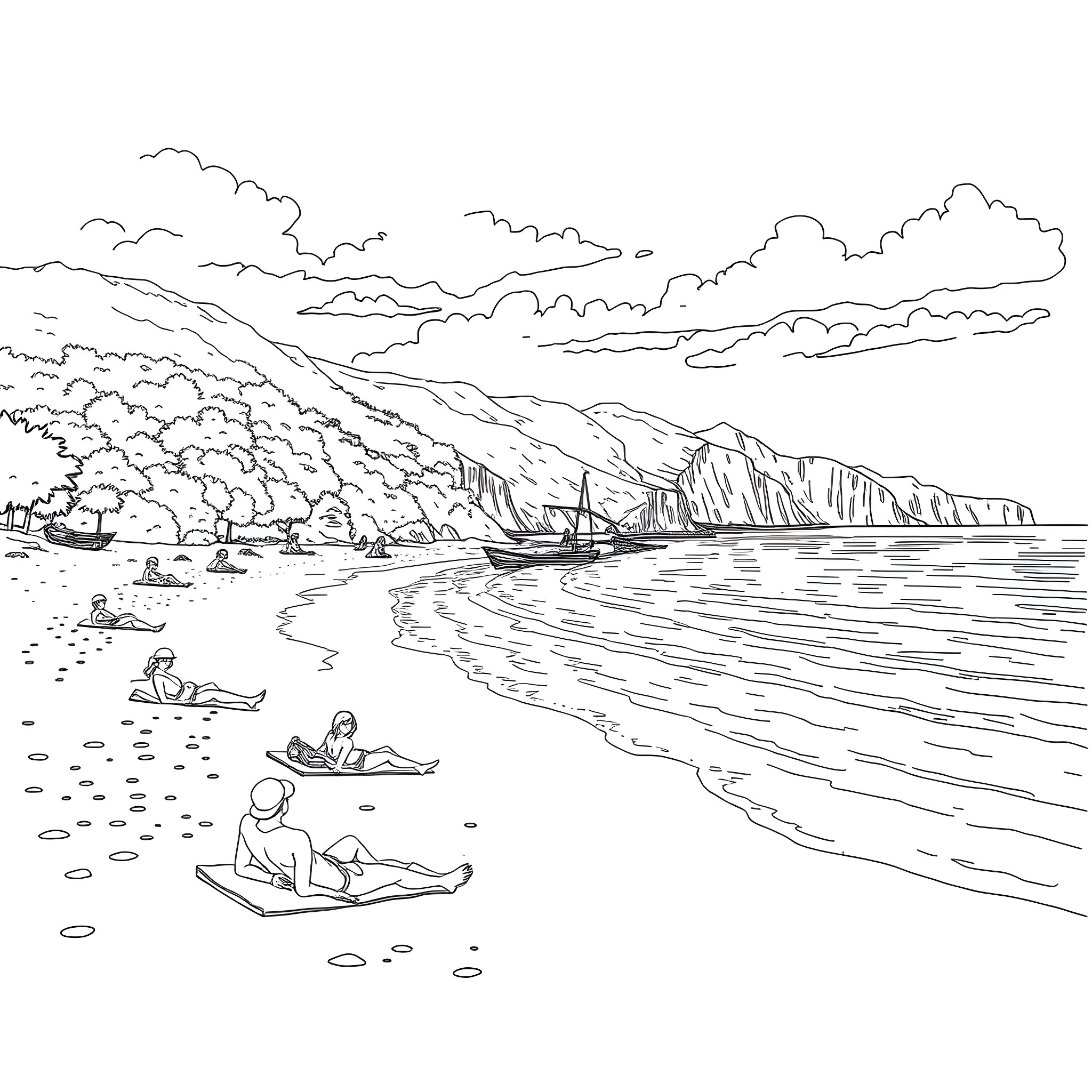 Beach scene with people relaxing and boats in the distance Coloring Page (free black-and-white line drawing printable PDF for all, from beginners to advanced learners, including children, teens, adults, and seniors)