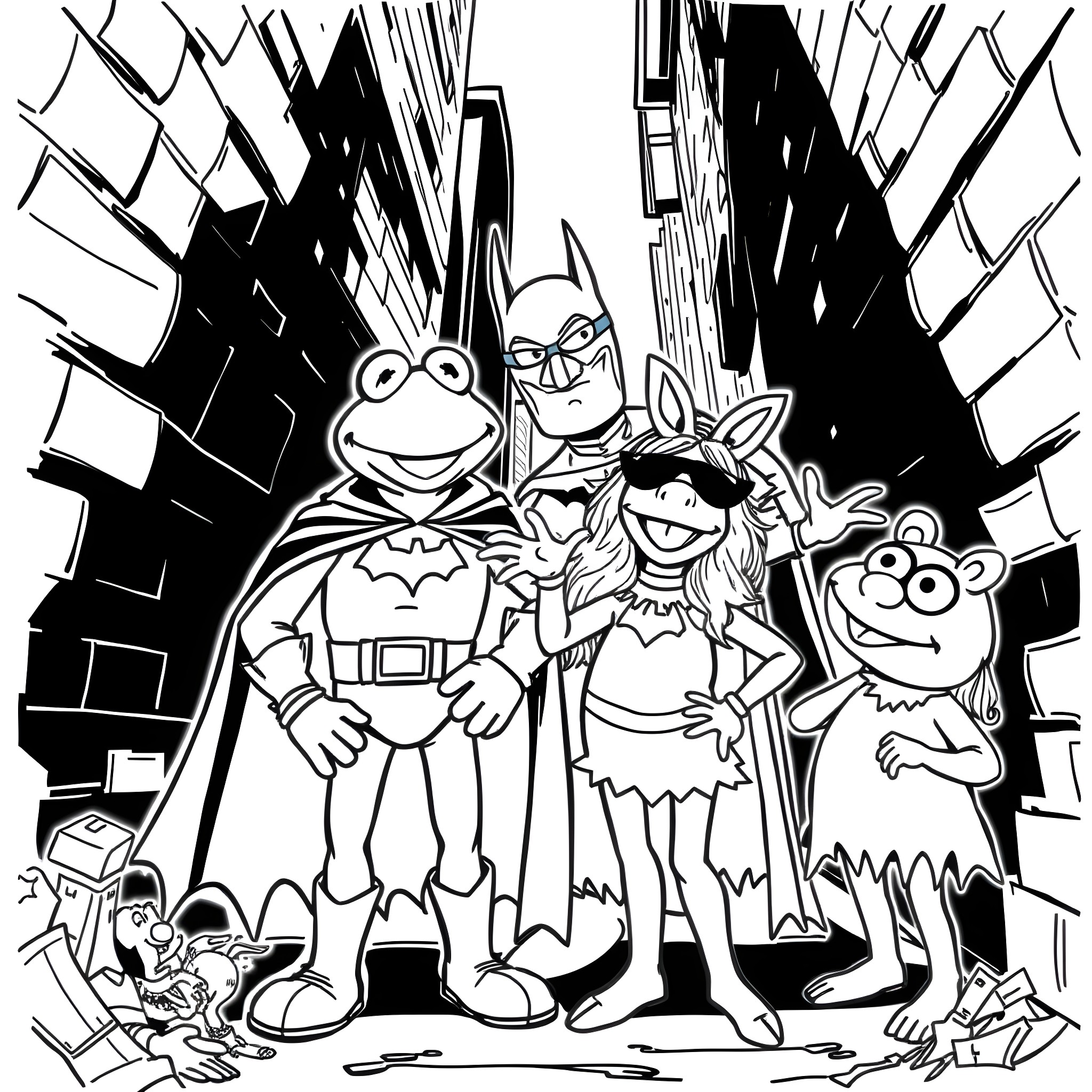 Muppets on a Thrilling Adventure Coloring Page (free black-and-white line drawing printable PDF for all, from beginners to advanced learners, including children, teens, adults, and seniors)