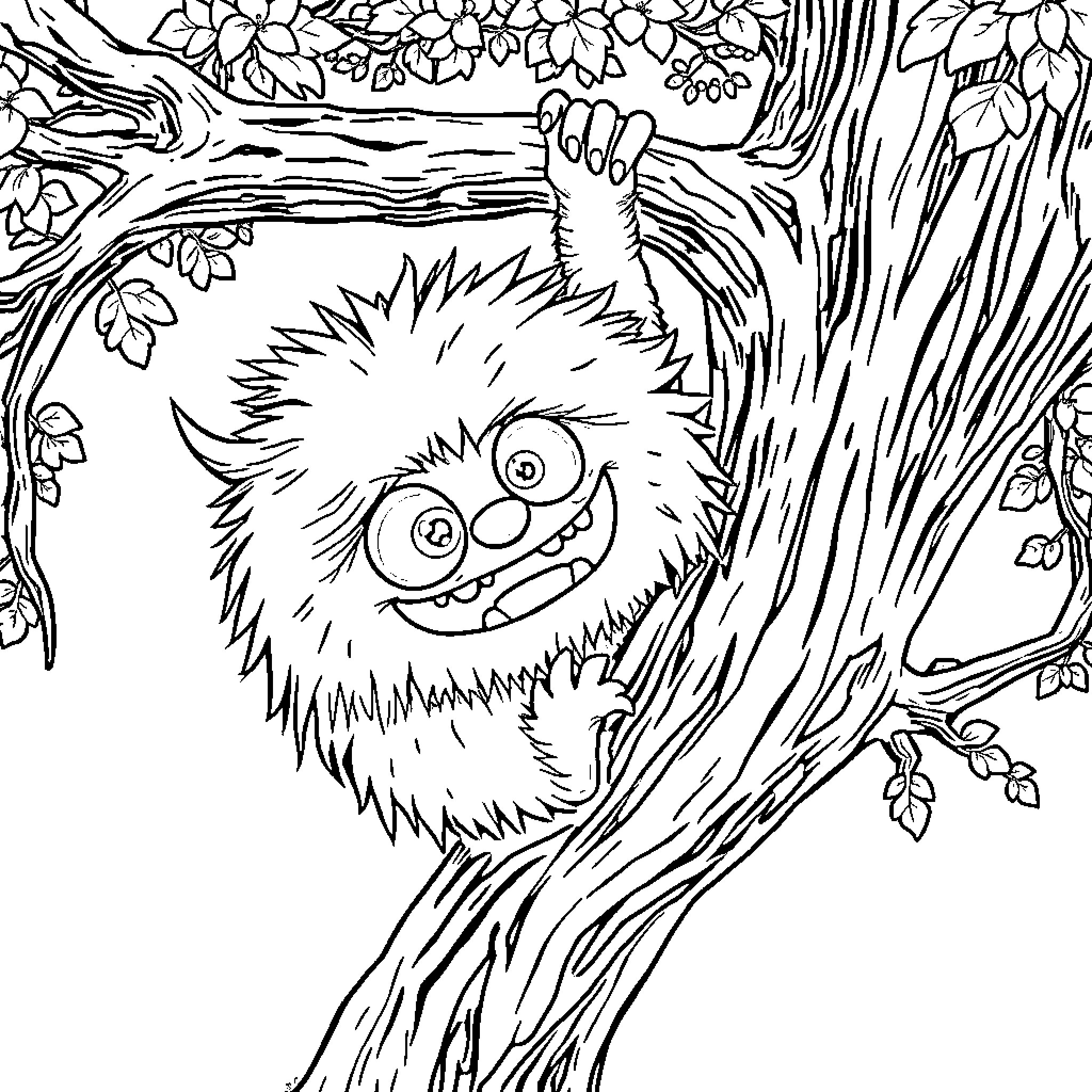 Monster Playing Happily in Foliage-Filled Forest Coloring Page (free black-and-white line drawing printable PDF for all, from beginners to advanced learners, including children, teens, adults, and seniors)