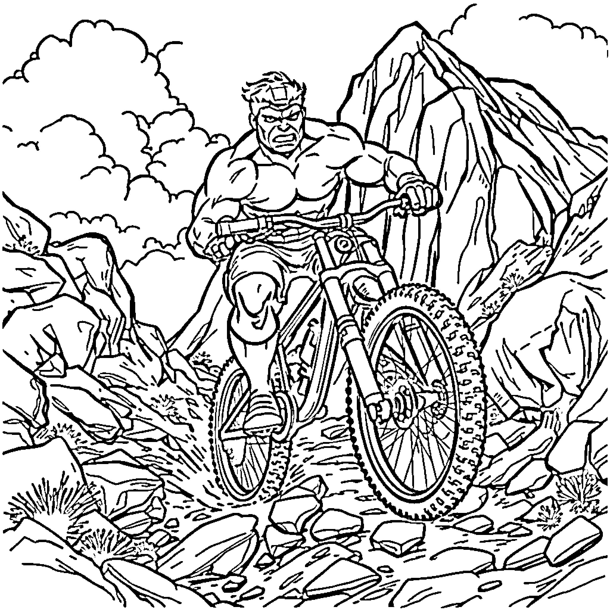 Hulk Riding Bicycle on Rugged Terrain Coloring Page (free black-and-white line drawing printable PDF for all, from beginners to advanced learners, including children, teens, adults, and seniors)