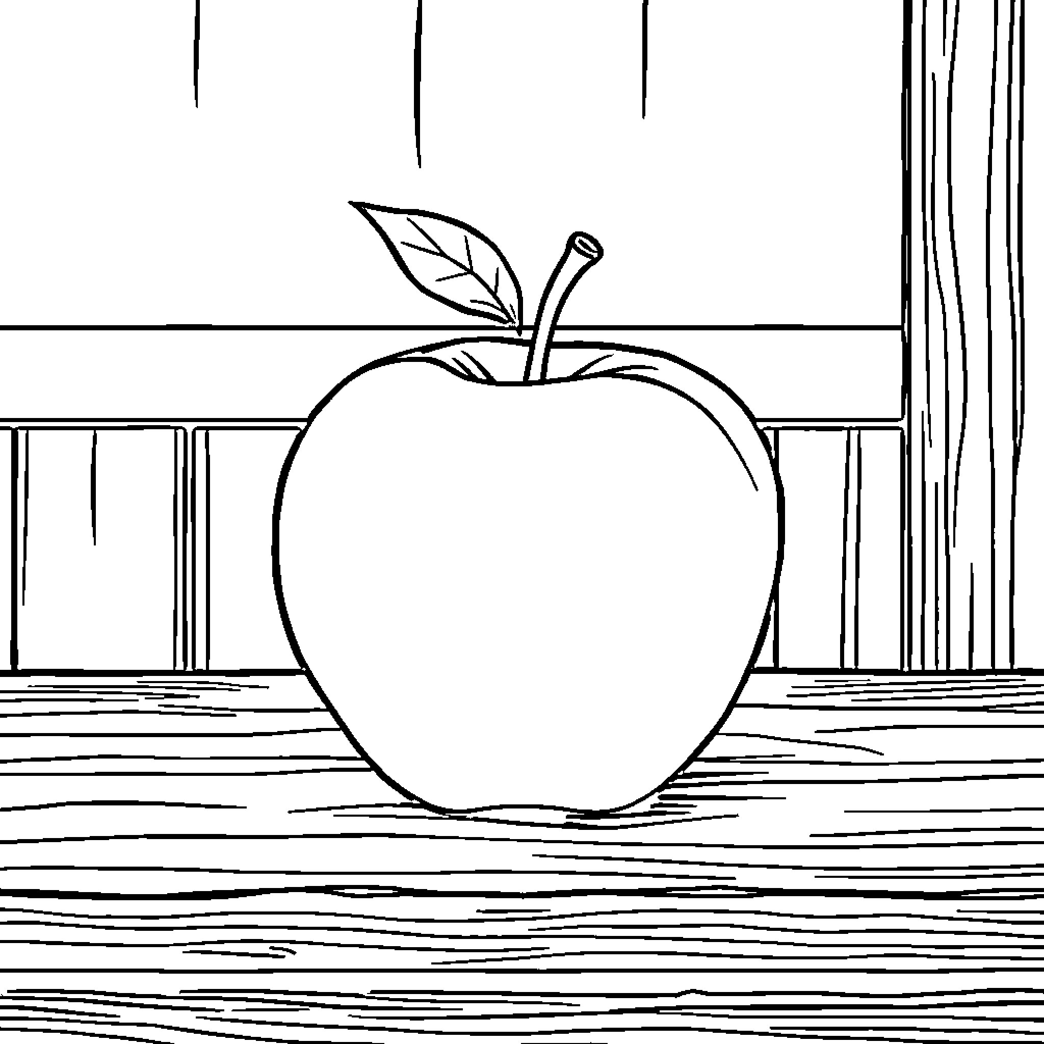 Apple on a Wooden Desk Coloring Page (free black-and-white line drawing printable PDF for all, from beginners to advanced learners, including children, teens, adults, and seniors)