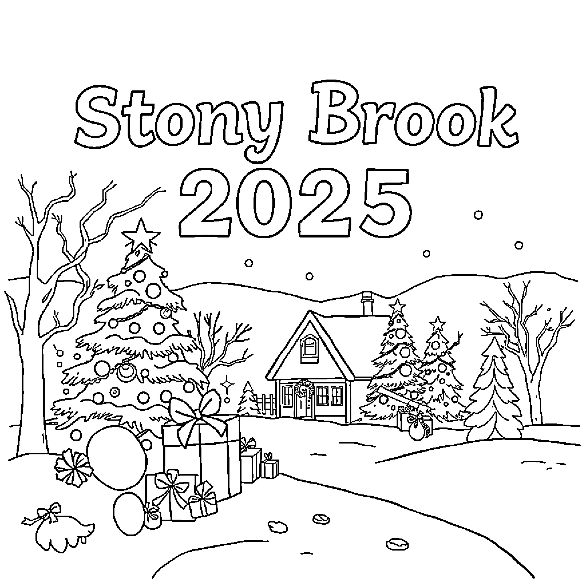 Christmas in Stony Brook 2025 Coloring Page (free black-and-white line drawing printable PDF for all, from beginners to advanced learners, including children, teens, adults, and seniors)