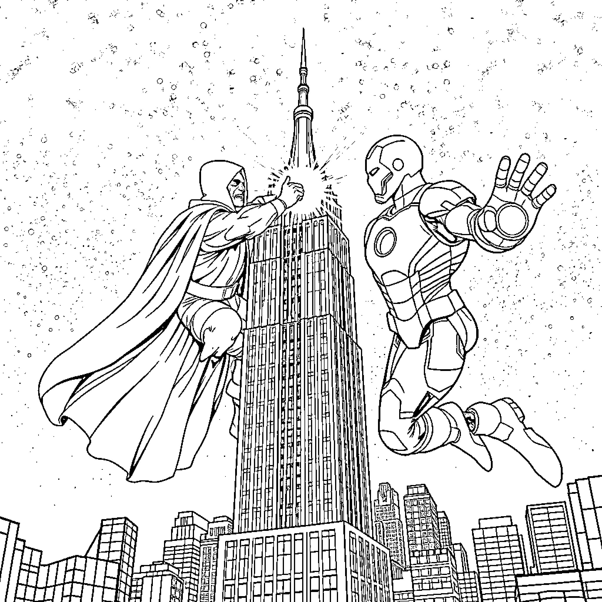 Dr. Doom and Iron Man battle atop the Empire State Building Coloring Page (free black-and-white line drawing printable PDF for all, from beginners to advanced learners, including children, teens, adults, and seniors)