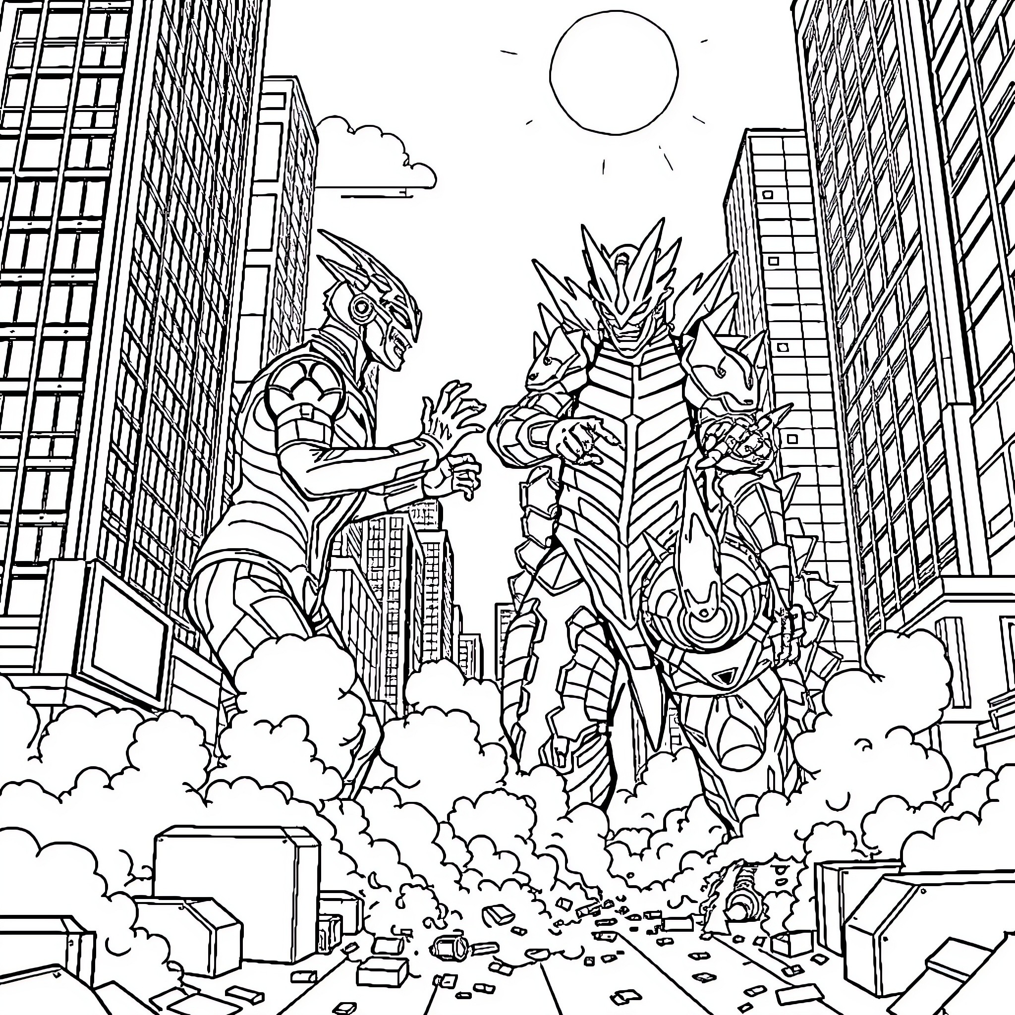 Ultraman confronts a giant monster in a city setting Coloring Page (free black-and-white line drawing printable PDF for all, from beginners to advanced learners, including children, teens, adults, and seniors)