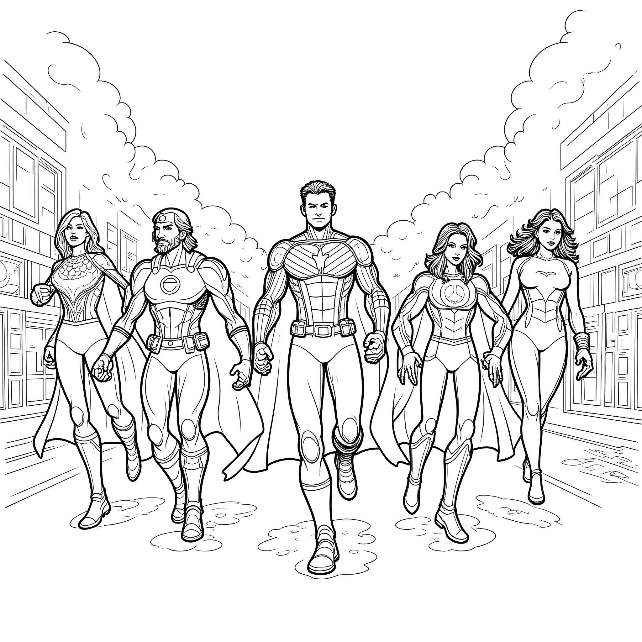Superheroes in action on the city streets Coloring Page (free black-and-white line drawing printable PDF for all, from beginners to advanced learners, including children, teens, adults, and seniors)