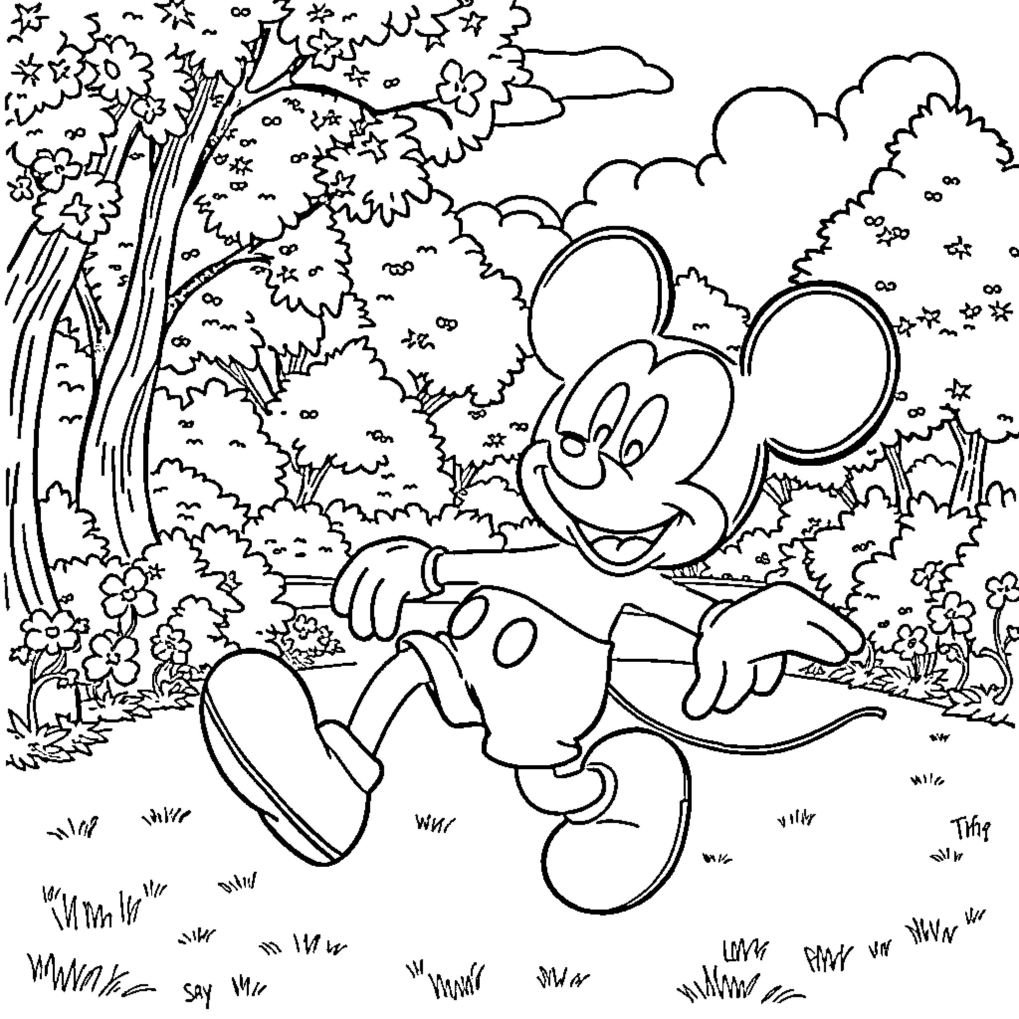 Mickey Mouse exploring the enchanted forest Coloring Page (free black-and-white line drawing printable PDF for all, from beginners to advanced learners, including children, teens, adults, and seniors)