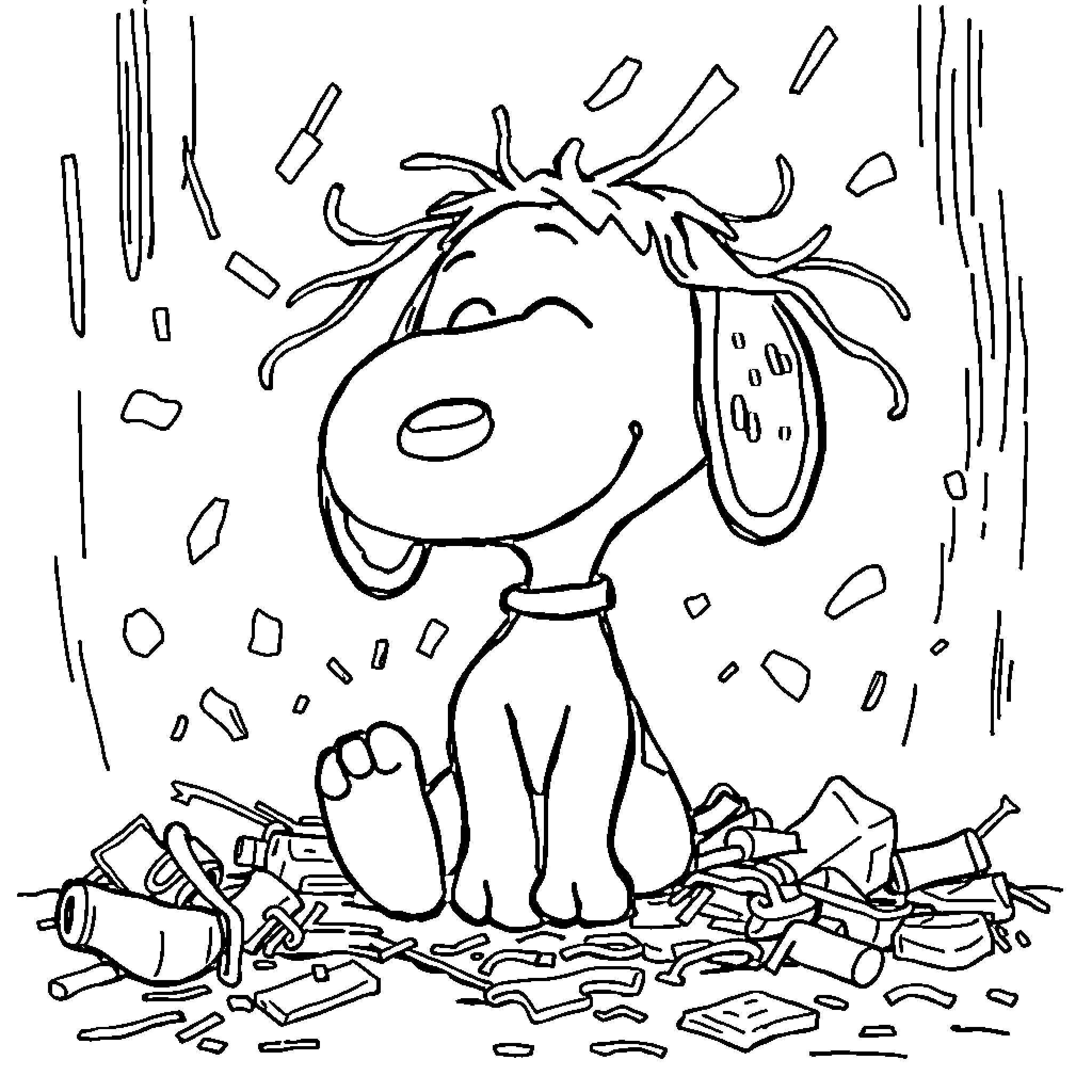 Snoopy joyful in messy surroundings Coloring Page (free black-and-white line drawing printable PDF for all, from beginners to advanced learners, including children, teens, adults, and seniors)