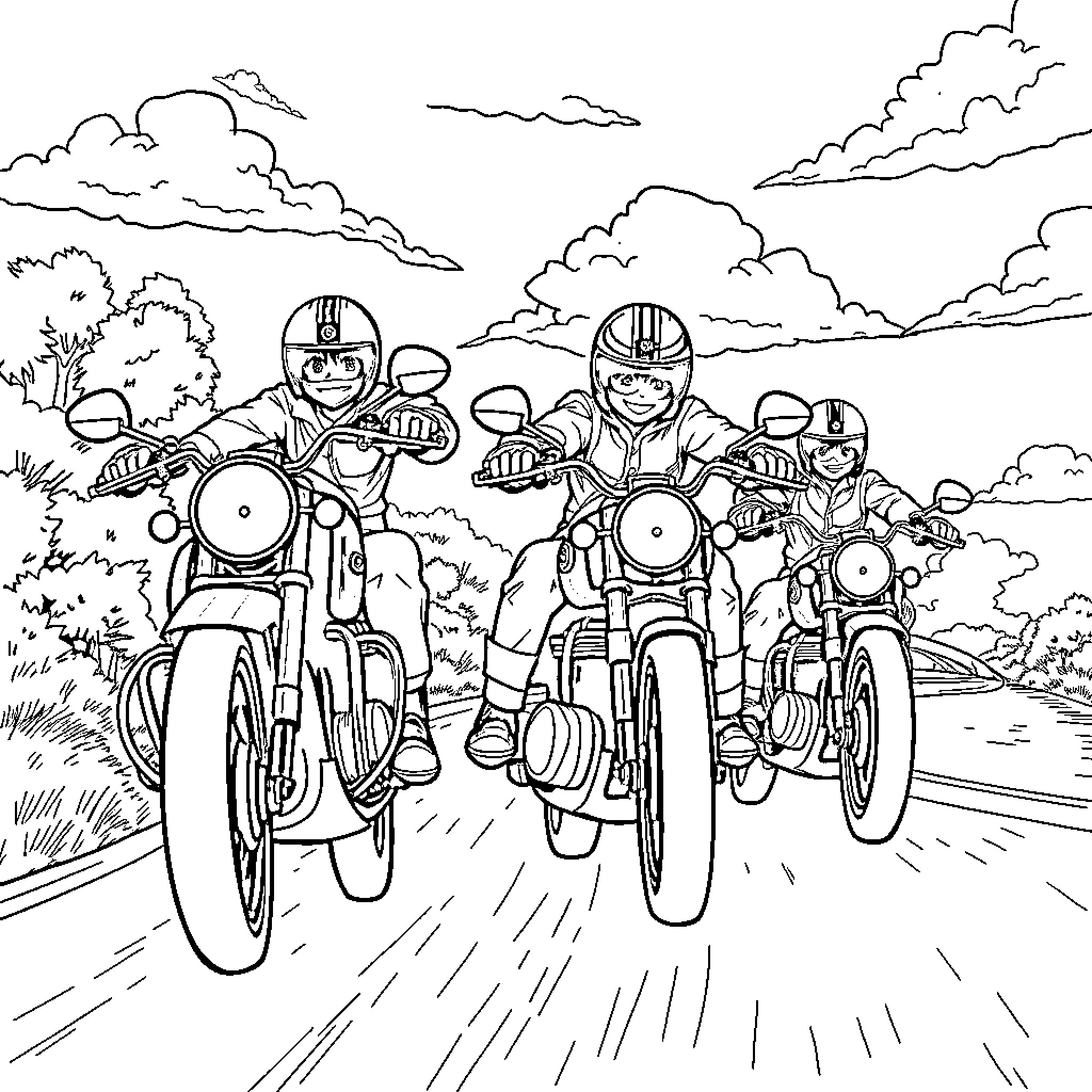 Motorcycle riders racing on the road Coloring Page (free black-and-white line drawing printable PDF for all, from beginners to advanced learners, including children, teens, adults, and seniors)
