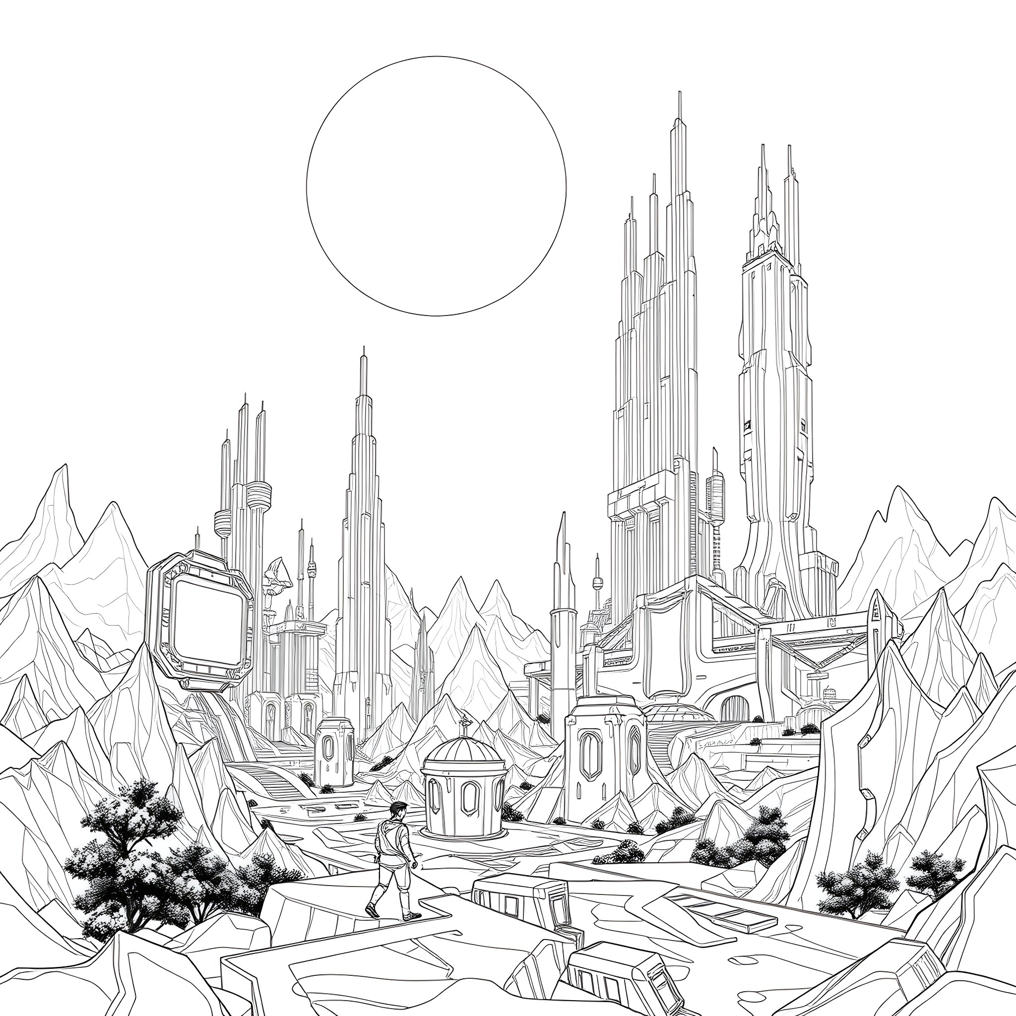 Moon Over Futuristic City Skyline Coloring Page (free black-and-white line drawing printable PDF for all, from beginners to advanced learners, including children, teens, adults, and seniors)
