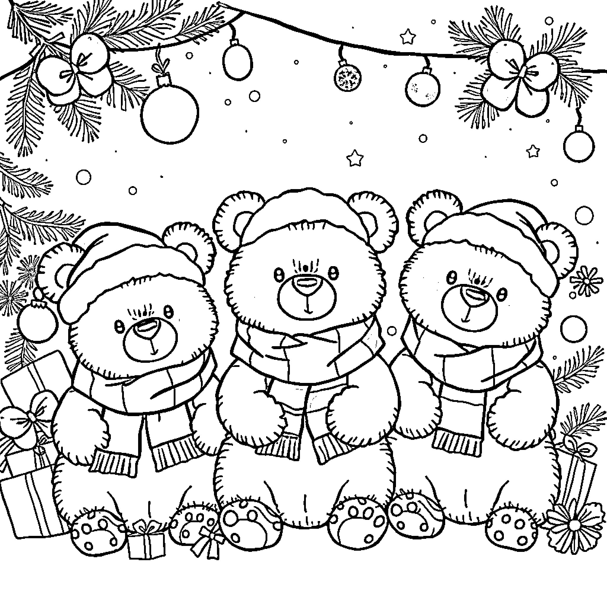 Bear enjoying holiday festivities with friends Coloring Page (free black-and-white line drawing printable PDF for all, from beginners to advanced learners, including children, teens, adults, and seniors)