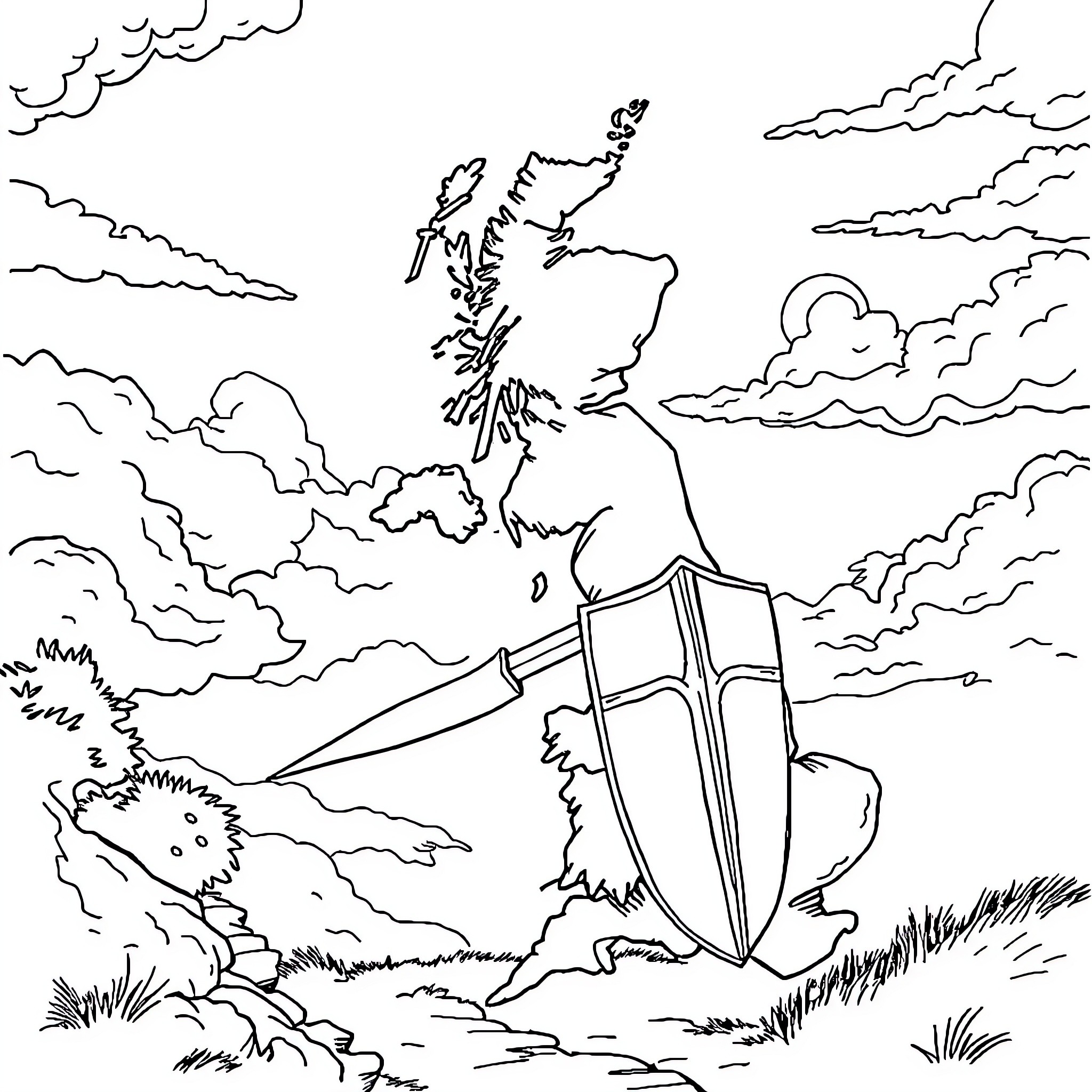 Knight Battles Ferocious Beast in Stormy Landscape Coloring Page (free black-and-white line drawing printable PDF for all, from beginners to advanced learners, including children, teens, adults, and seniors)