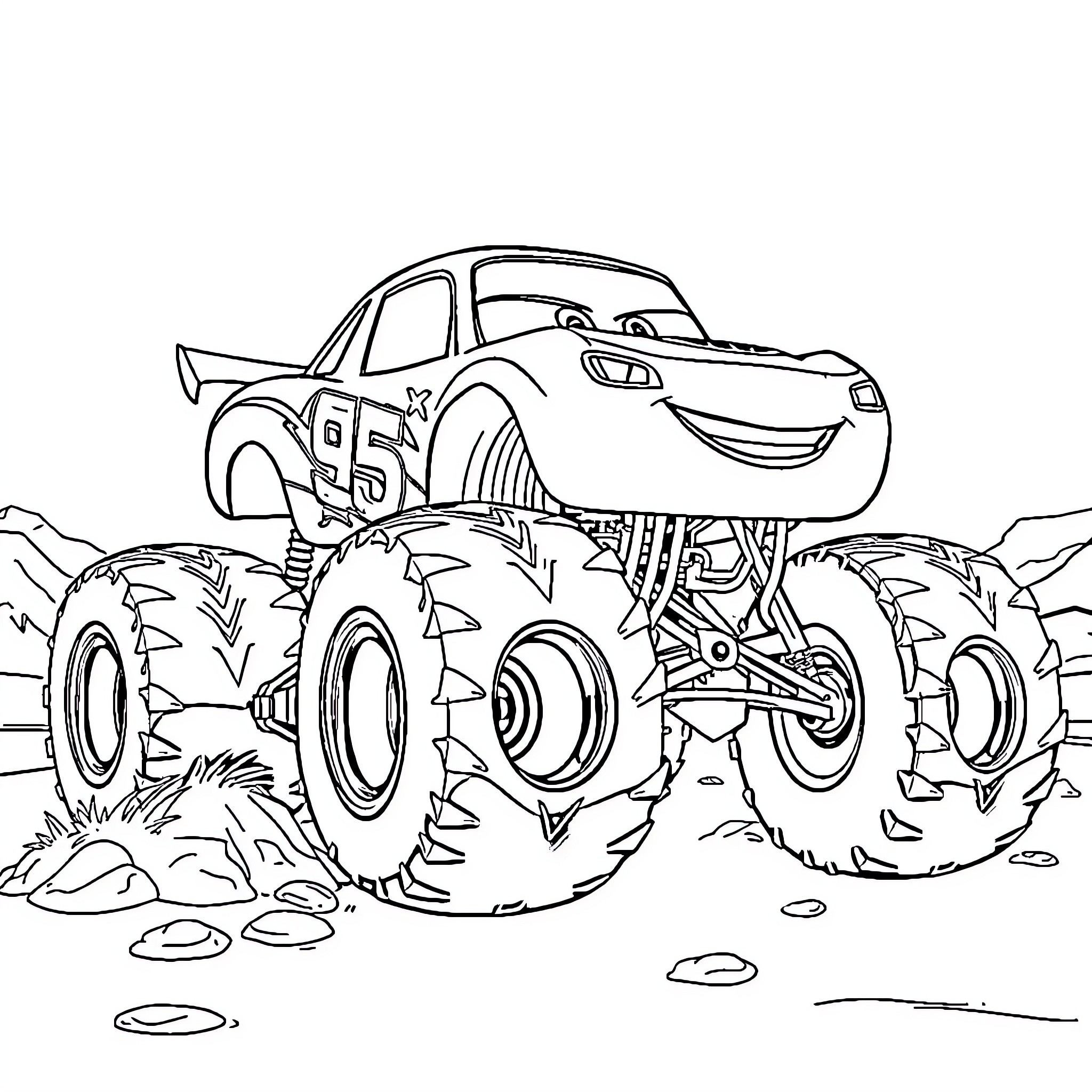 Lightning McQueen's Monster Truck Adventure Coloring Page (free black-and-white line drawing printable PDF for all, from beginners to advanced learners, including children, teens, adults, and seniors)