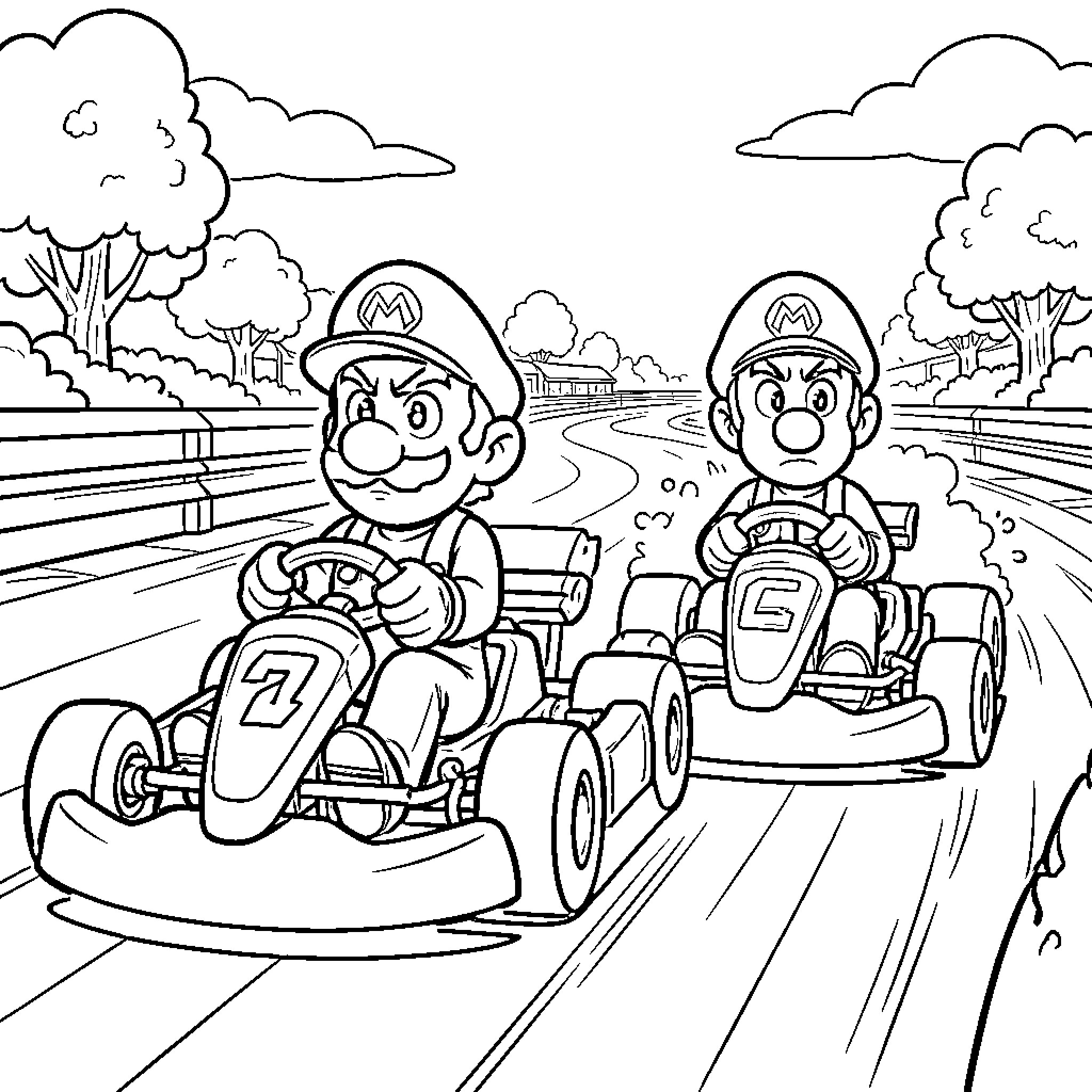 Mario racing karts on a winding track Coloring Page (free black-and-white line drawing printable PDF for all, from beginners to advanced learners, including children, teens, adults, and seniors)