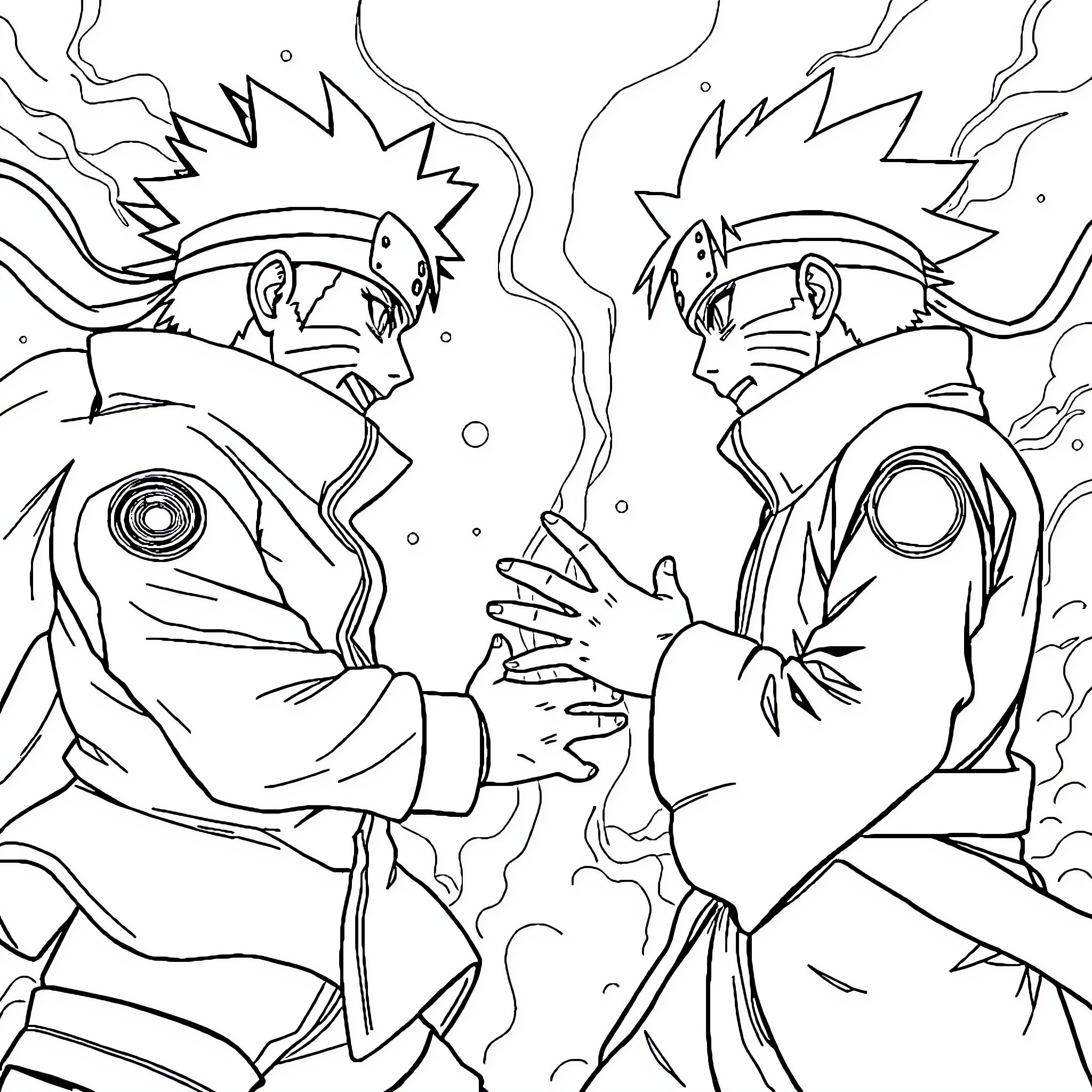 Naruto characters in intense battle with energy attacks Coloring Page (free black-and-white line drawing printable PDF for all, from beginners to advanced learners, including children, teens, adults, and seniors)