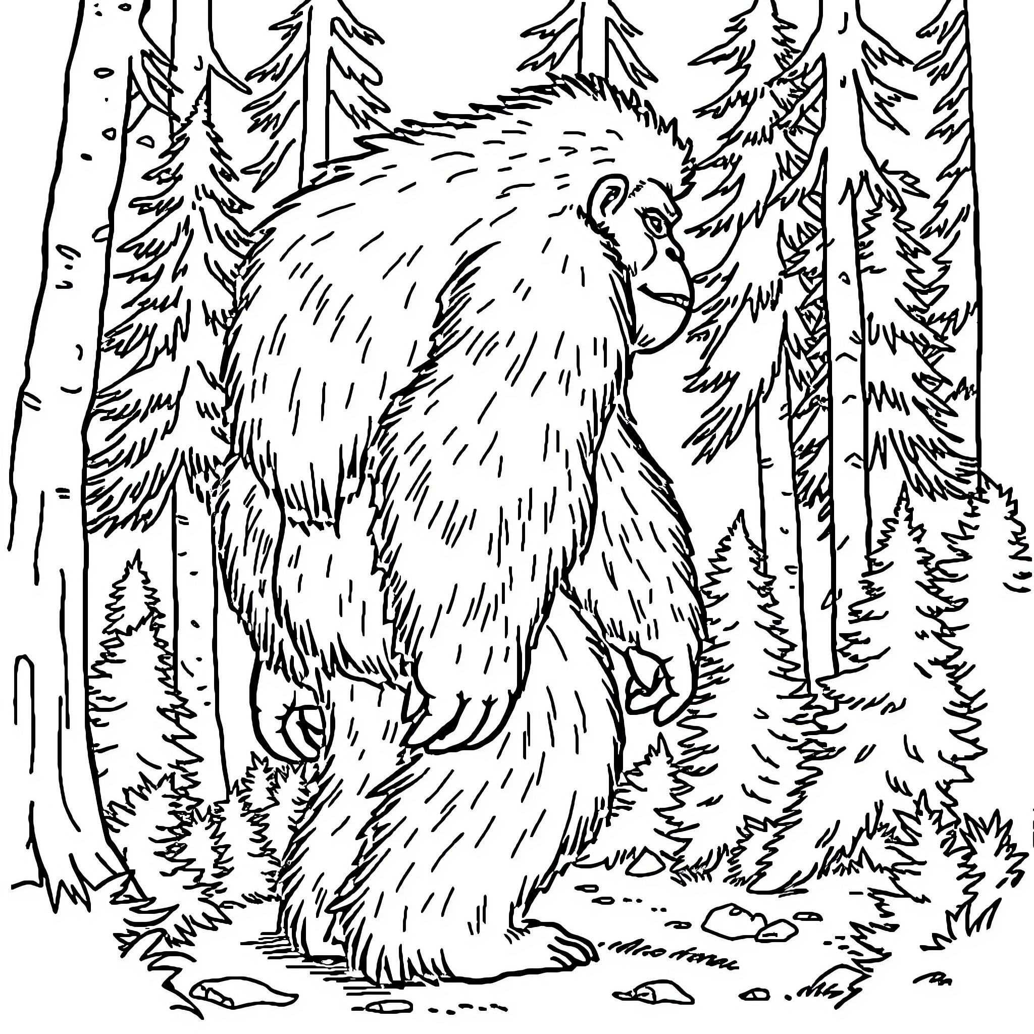 Bigfoot exploring the enchanted forest Coloring Page (free black-and-white line drawing printable PDF for all, from beginners to advanced learners, including children, teens, adults, and seniors)
