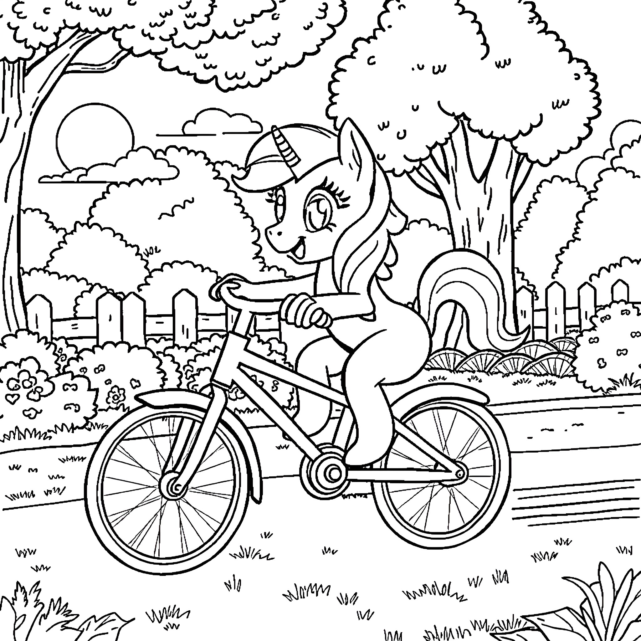 Pony riding a bicycle through the countryside Coloring Page (free black-and-white line drawing printable PDF for all, from beginners to advanced learners, including children, teens, adults, and seniors)