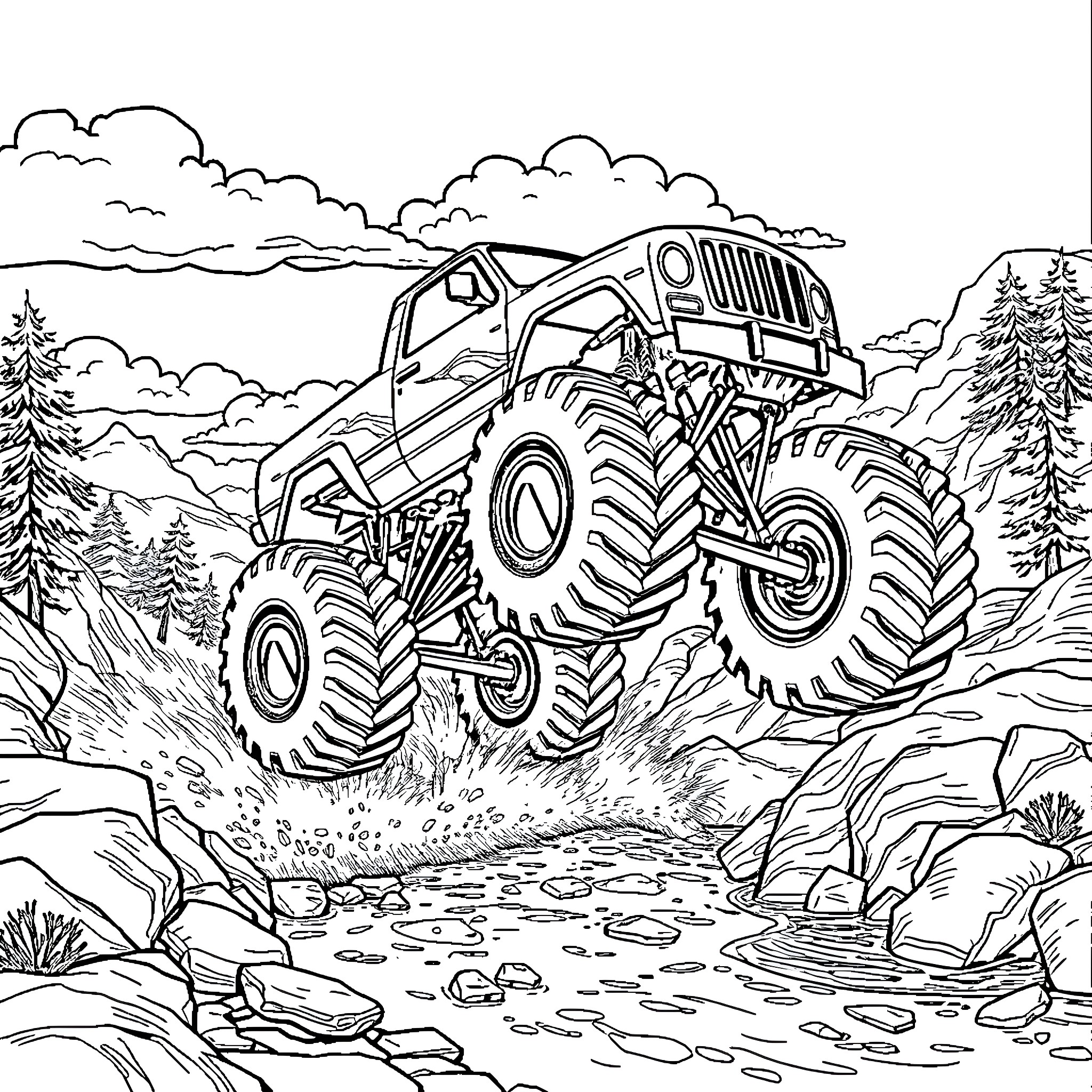 Monster Truck Navigating Rugged Terrain Coloring Page (free black-and-white line drawing printable PDF for all, from beginners to advanced learners, including children, teens, adults, and seniors)