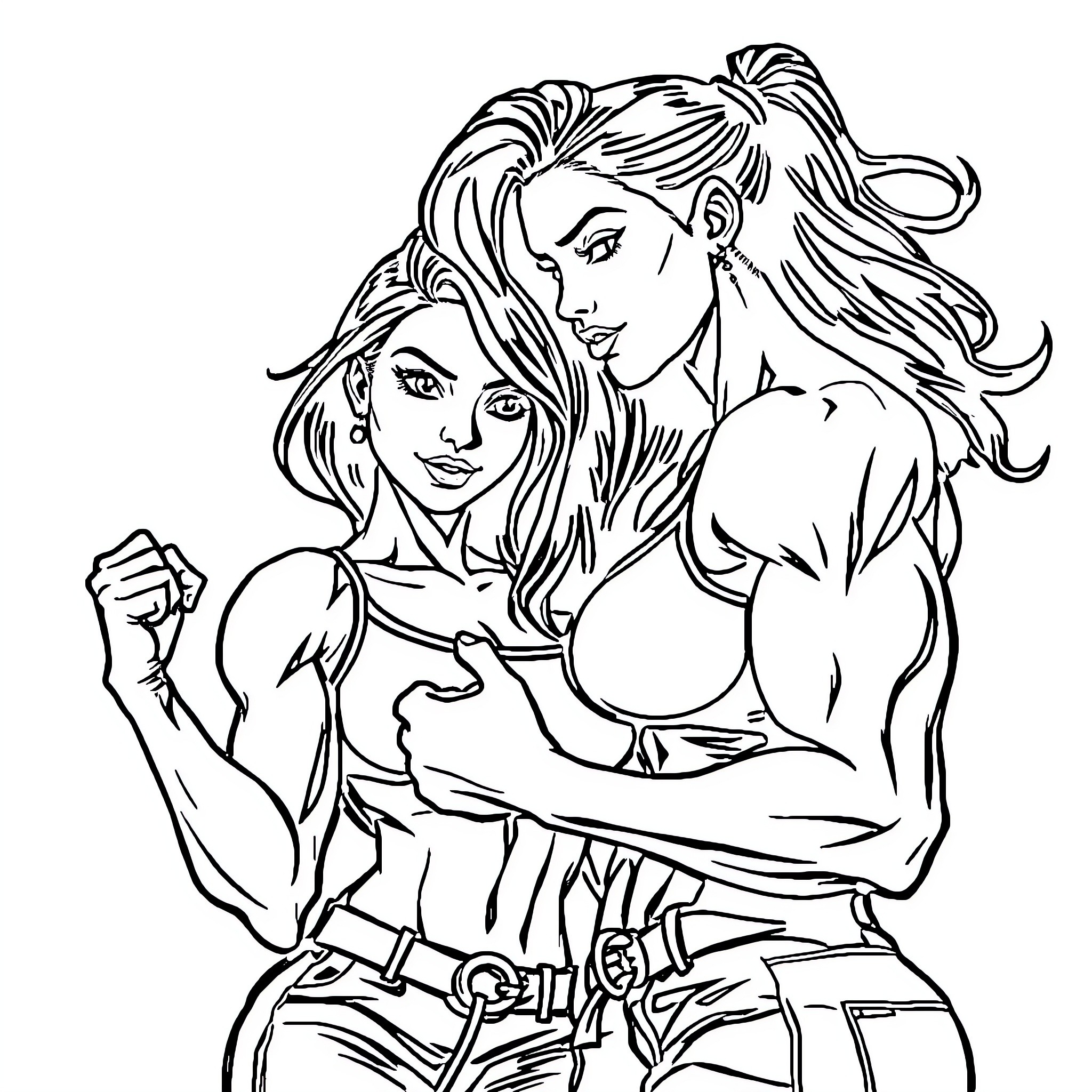 Muscle Girl Strong and Determined Posture Coloring Page (free black-and-white line drawing printable PDF for all, from beginners to advanced learners, including children, teens, adults, and seniors)