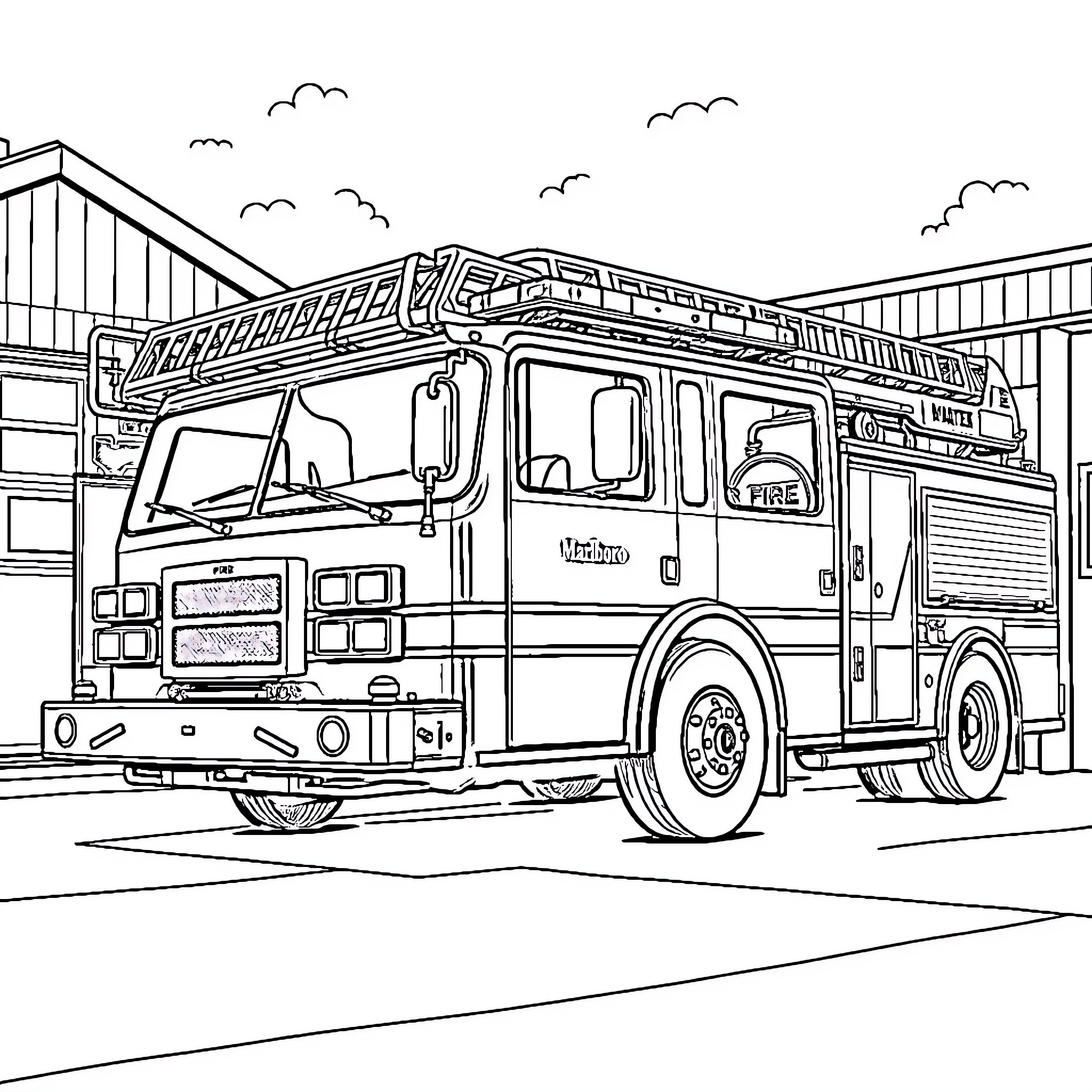 Fire Truck Parked on the Street Coloring Page (free black-and-white line drawing printable PDF for all, from beginners to advanced learners, including children, teens, adults, and seniors)