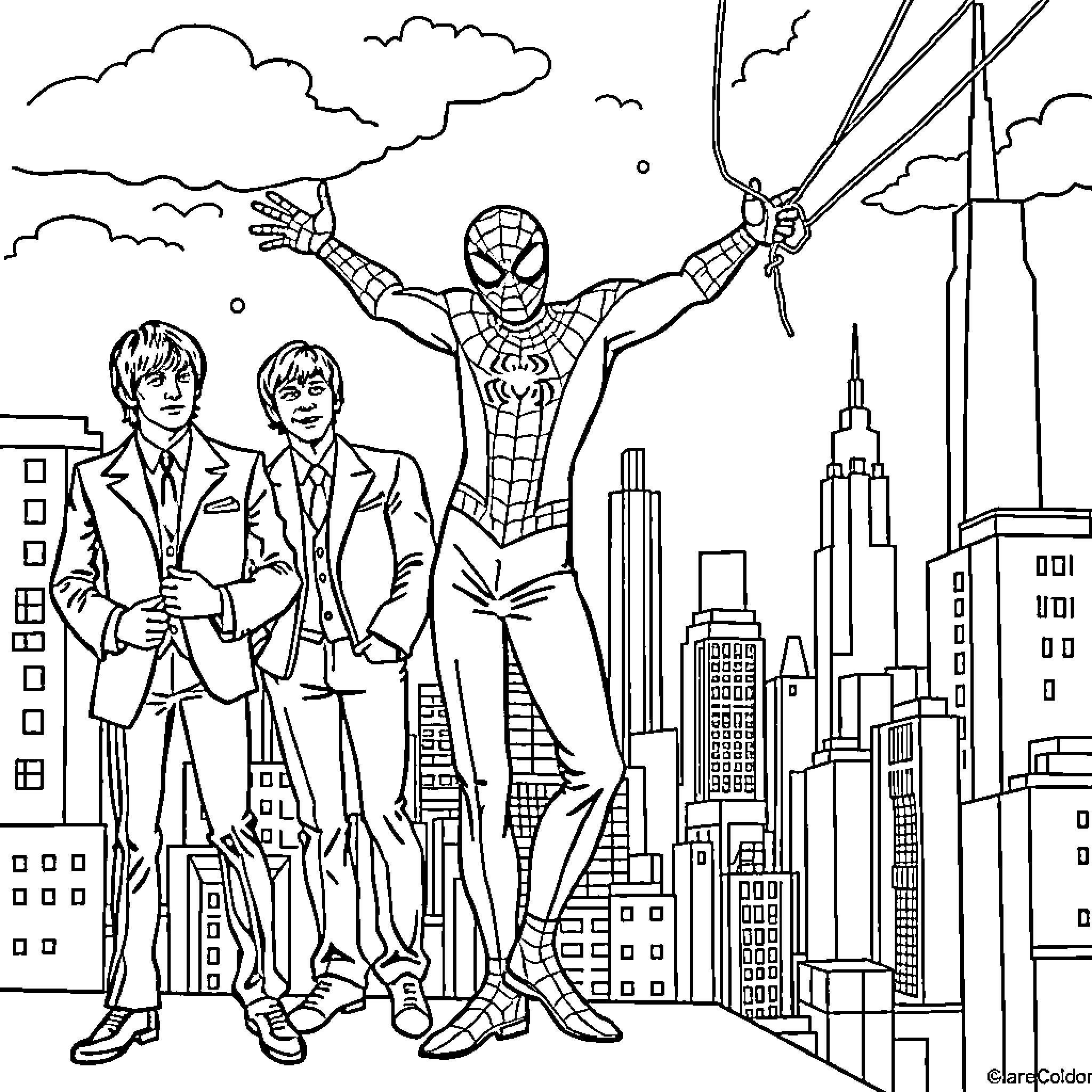 Beatles-style Superheroes Swing Through City Skyline Coloring Page (free black-and-white line drawing printable PDF for all, from beginners to advanced learners, including children, teens, adults, and seniors)
