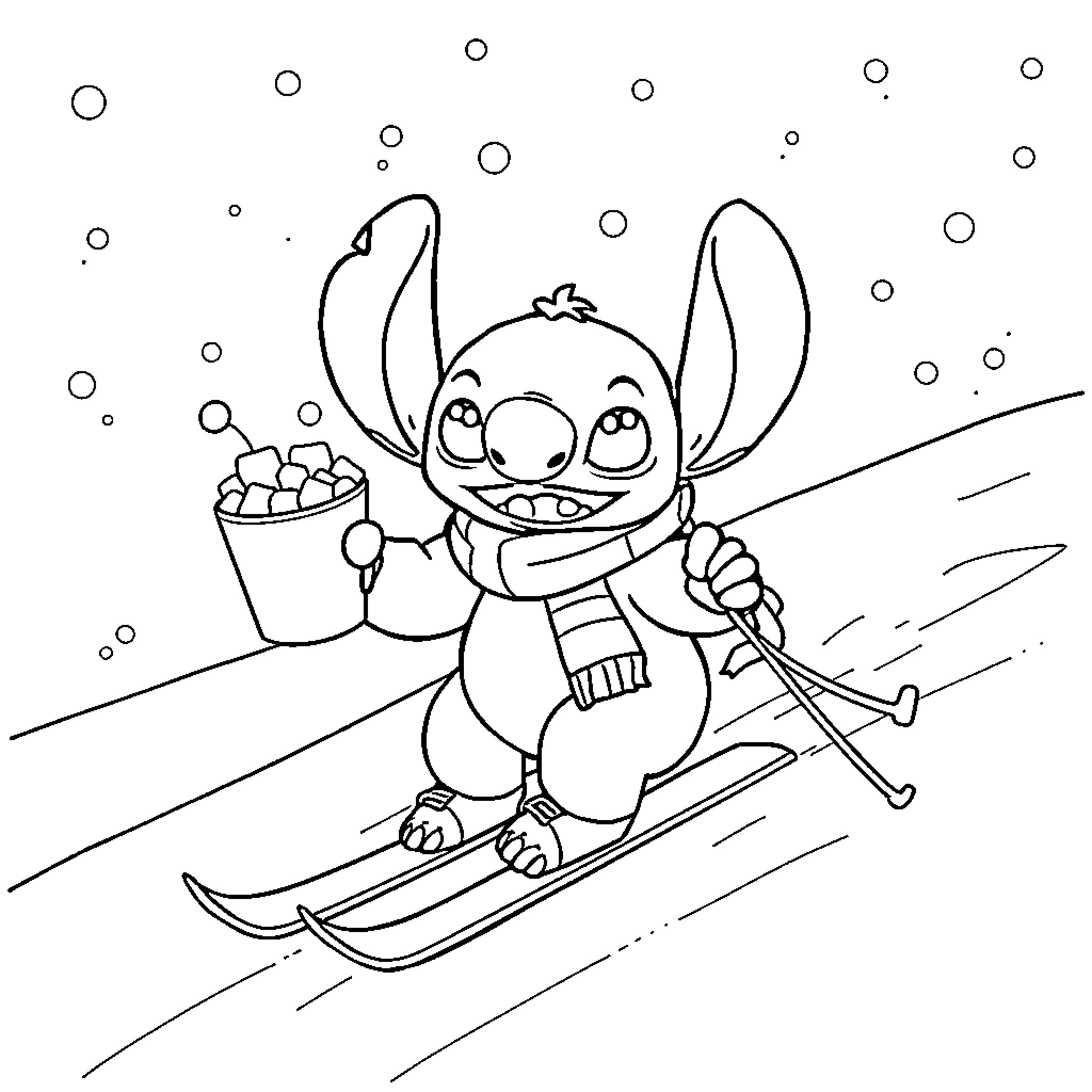 Stitch skiing with snowballs Coloring Page (free black-and-white line drawing printable PDF for all, from beginners to advanced learners, including children, teens, adults, and seniors)