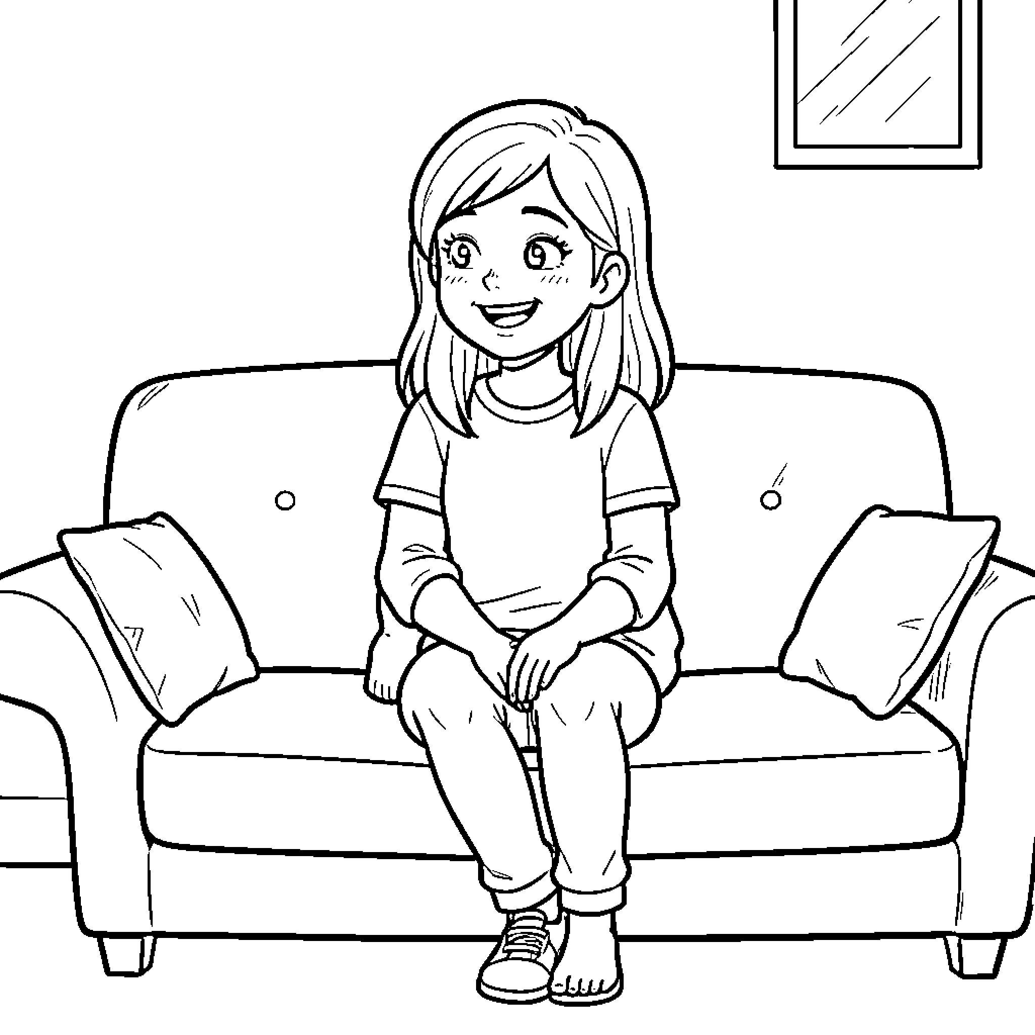 Cousin sitting happily on the couch Coloring Page (free black-and-white line drawing printable PDF for all, from beginners to advanced learners, including children, teens, adults, and seniors)