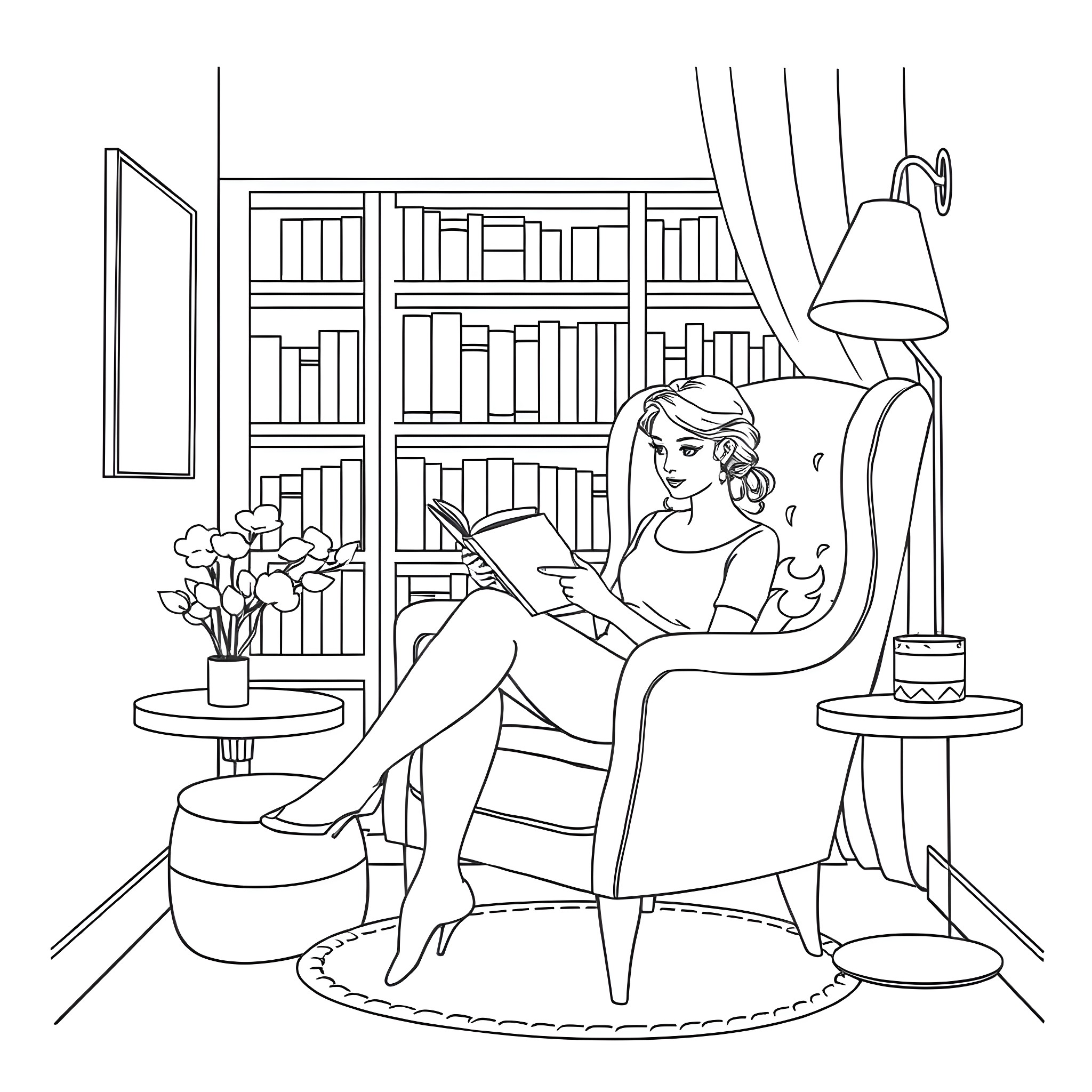 Woman reading in cozy library with bookshelves Coloring Page (free black-and-white line drawing printable PDF for all, from beginners to advanced learners, including children, teens, adults, and seniors)