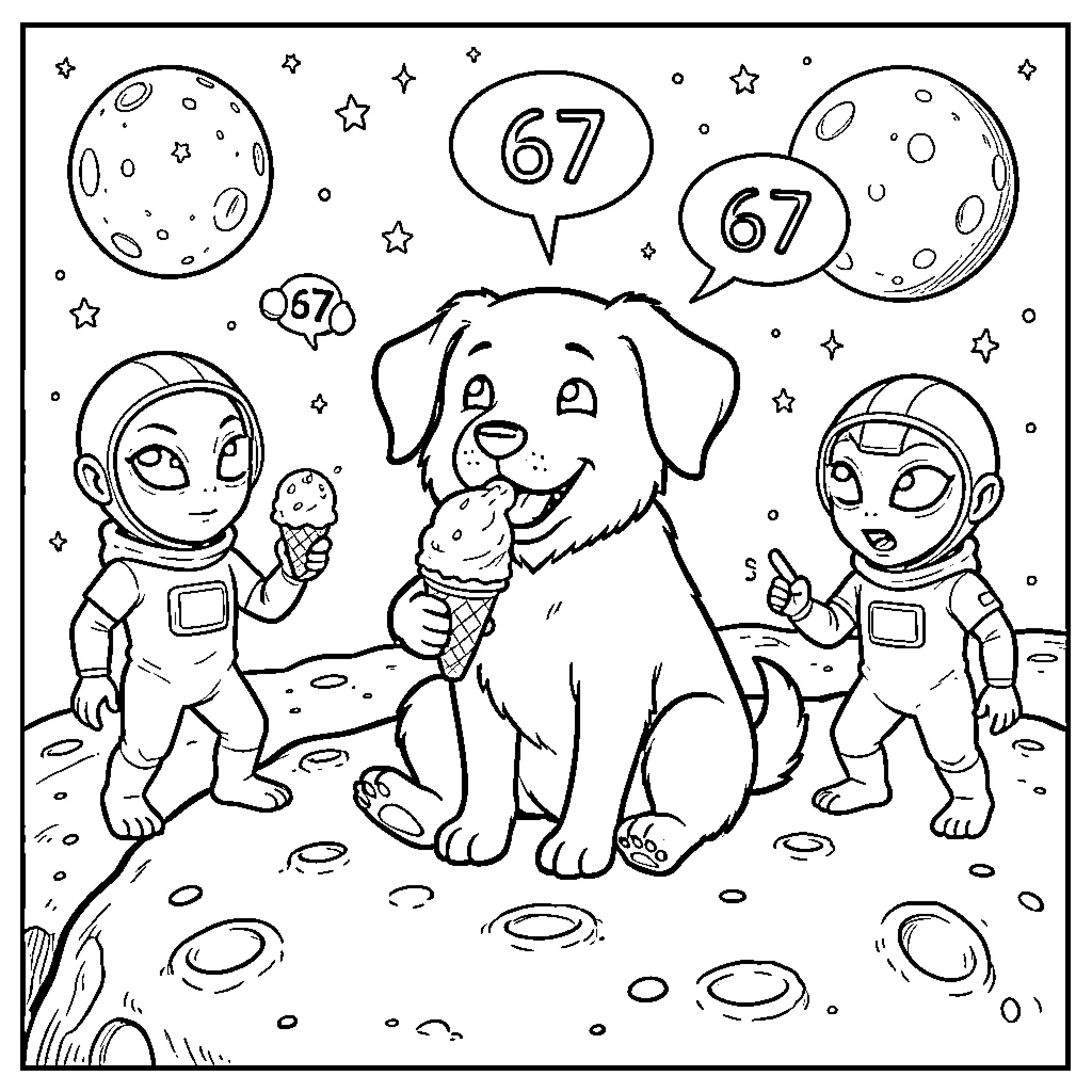 Dog eating ice cream with astronauts in space Coloring Page (free black-and-white line drawing printable PDF for all, from beginners to advanced learners, including children, teens, adults, and seniors)