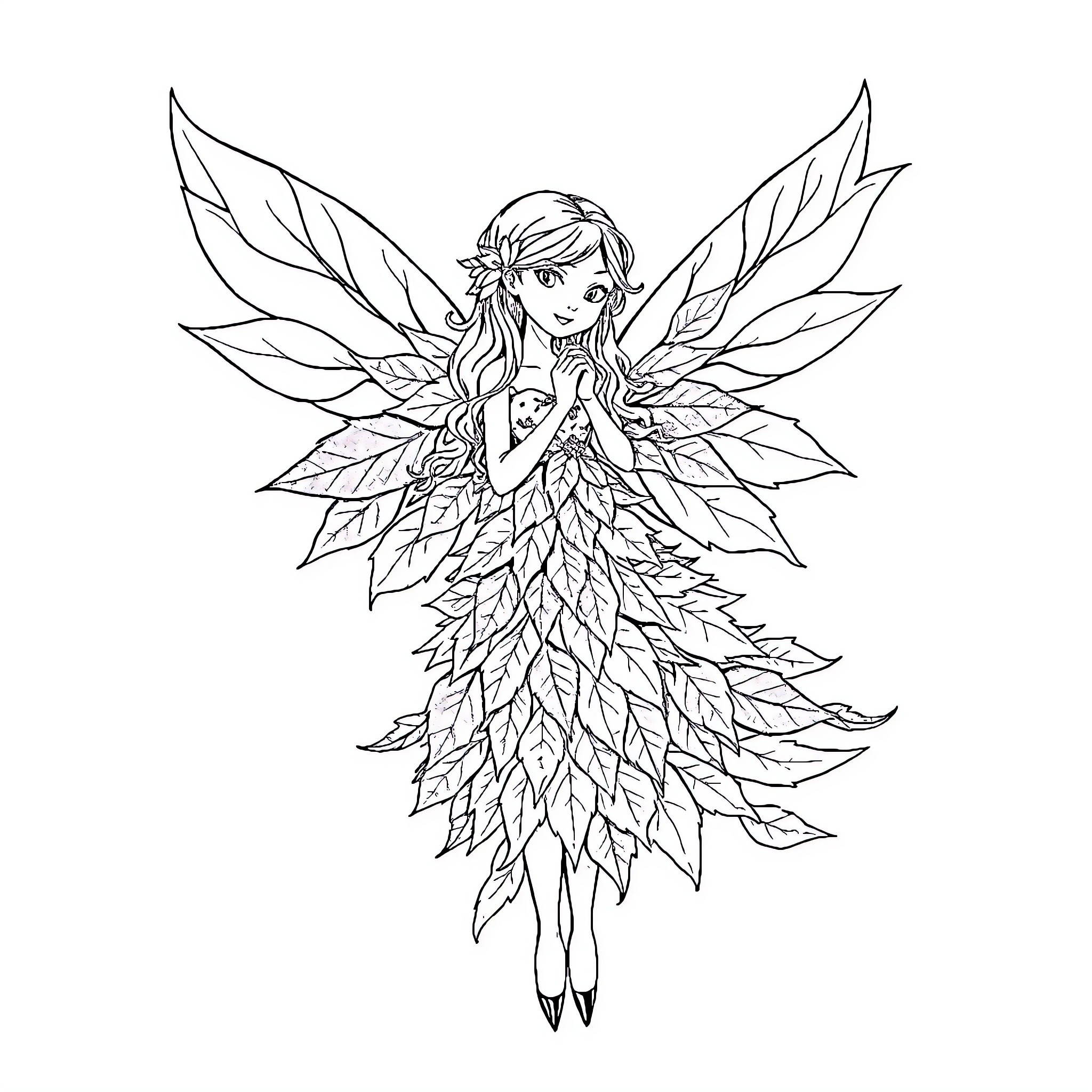 Fairy with Elegant Floral Wings Coloring Page (free black-and-white line drawing printable PDF for all, from beginners to advanced learners, including children, teens, adults, and seniors)