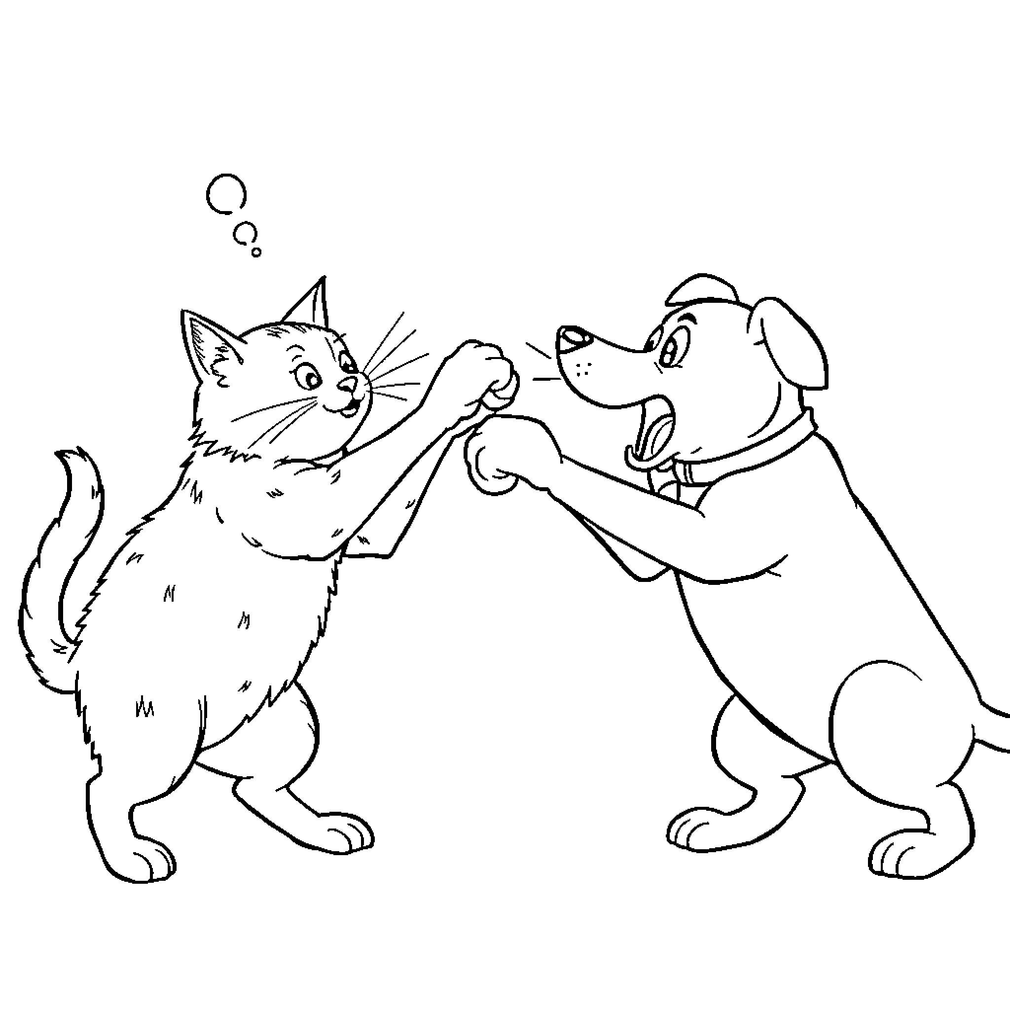 Cat and Dog Playing Together Happily Coloring Page (free black-and-white line drawing printable PDF for all, from beginners to advanced learners, including children, teens, adults, and seniors)