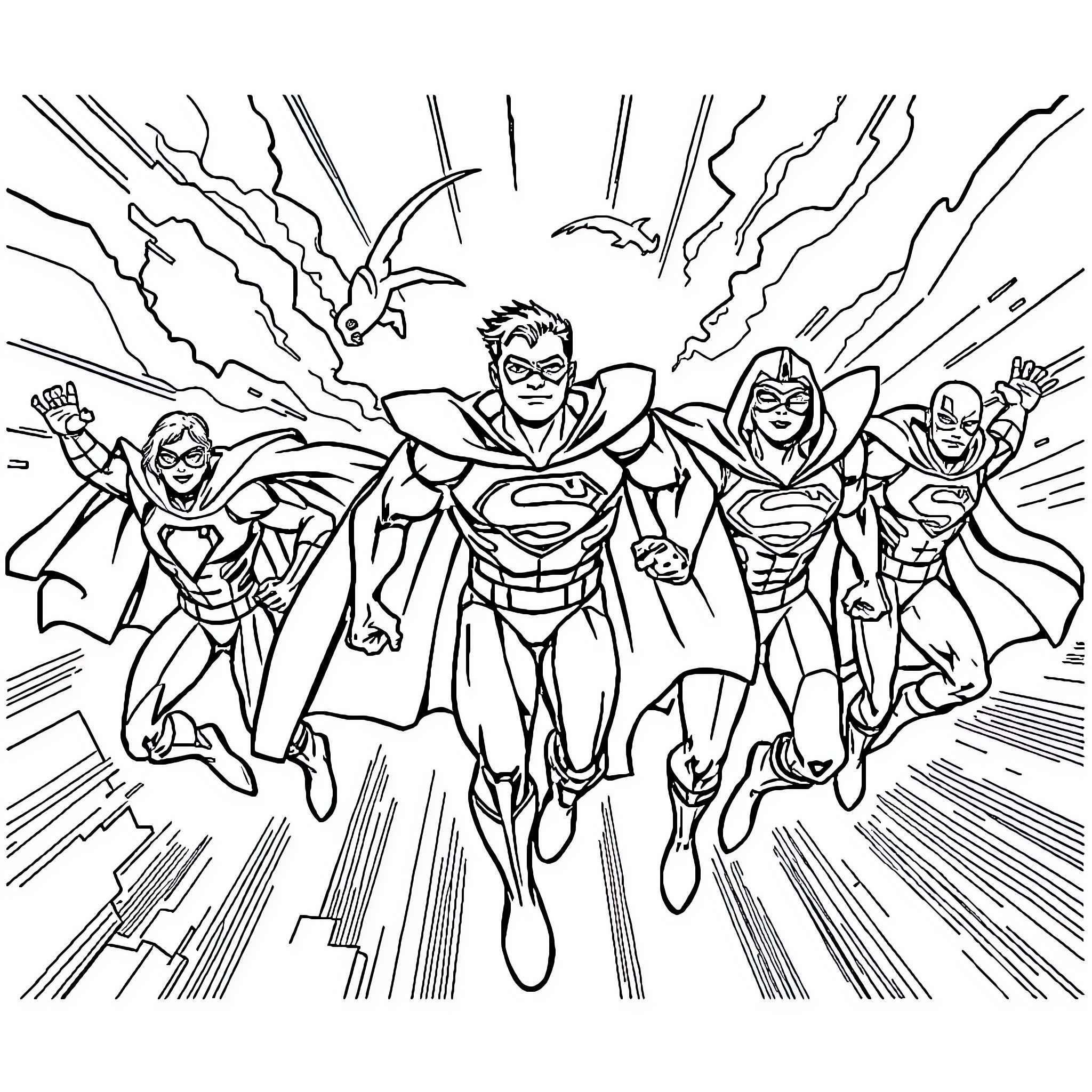Superhero Team Soaring in Action Coloring Page (free black-and-white line drawing printable PDF for all, from beginners to advanced learners, including children, teens, adults, and seniors)