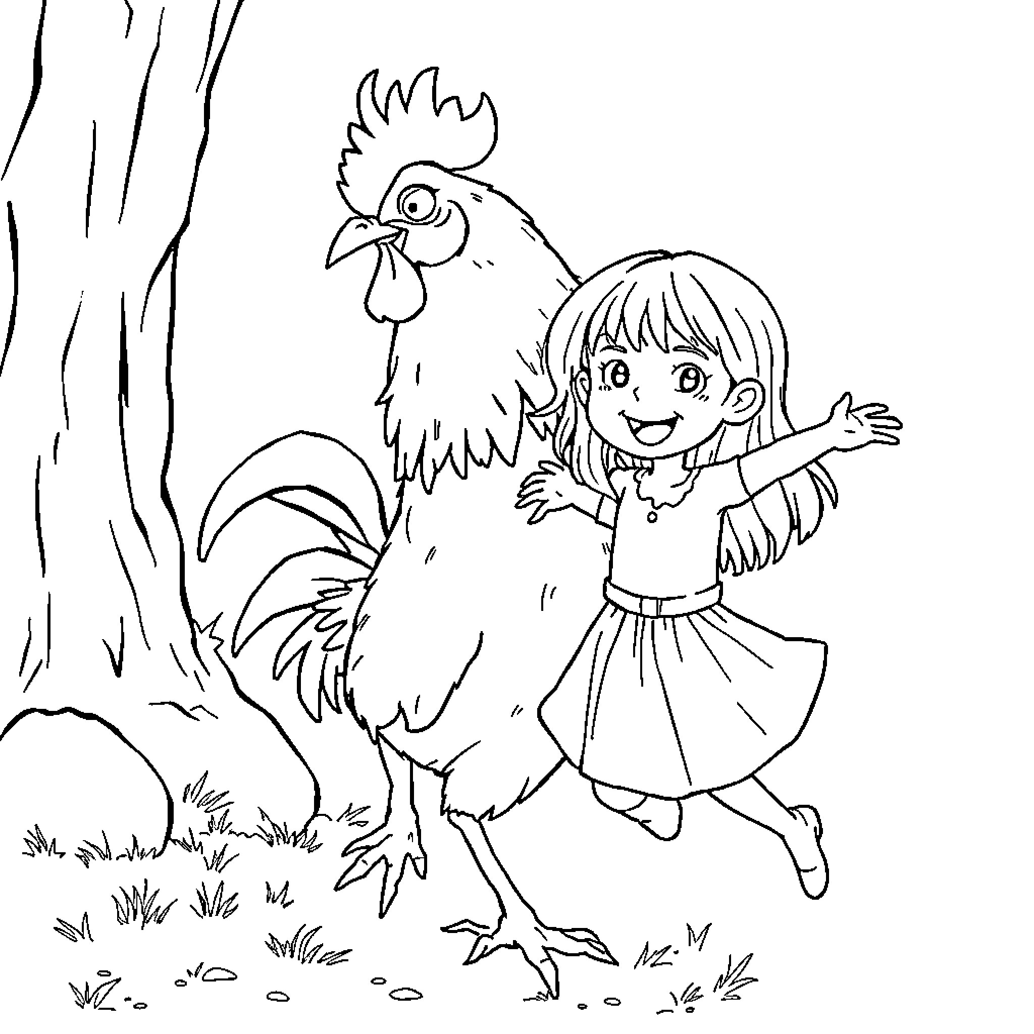Gallo and Girl Playing Joyfully in the Woods Coloring Page (free black-and-white line drawing printable PDF for all, from beginners to advanced learners, including children, teens, adults, and seniors)