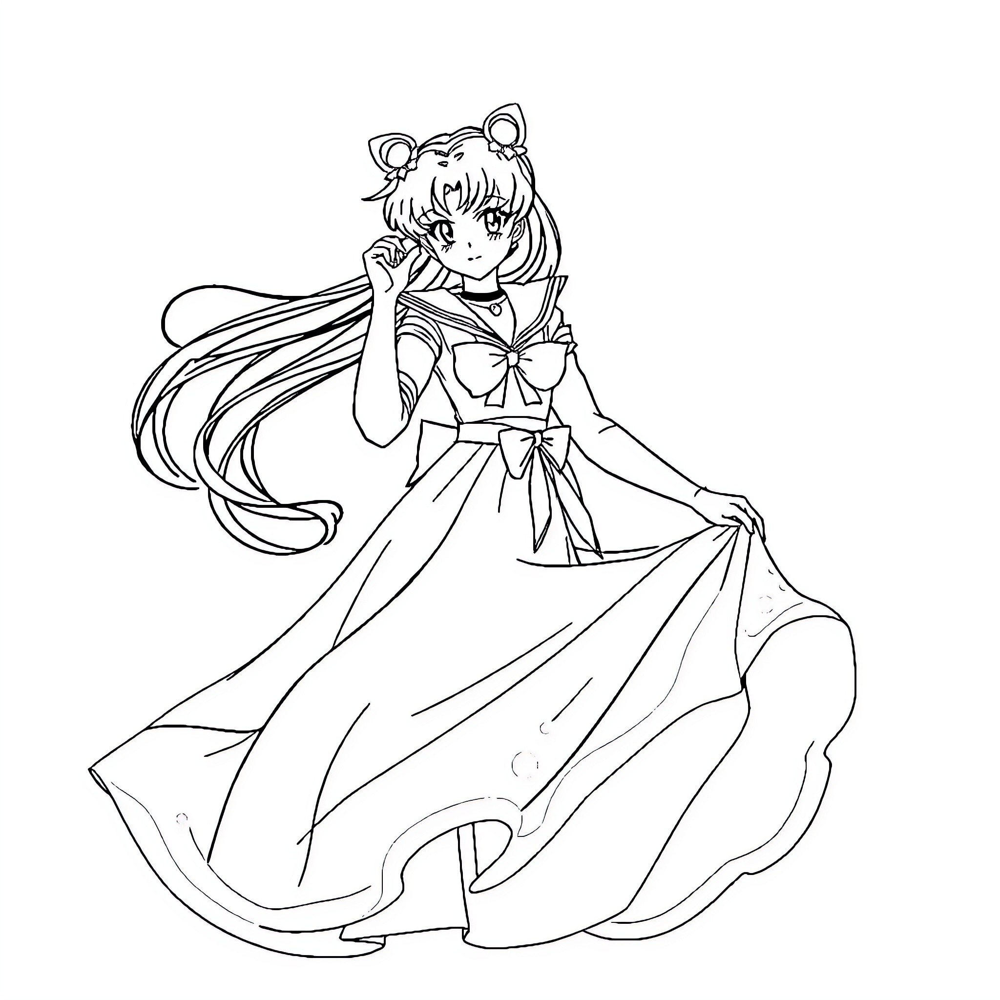 Sailormoon posing in elegant attire Coloring Page (free black-and-white line drawing printable PDF for all, from beginners to advanced learners, including children, teens, adults, and seniors)