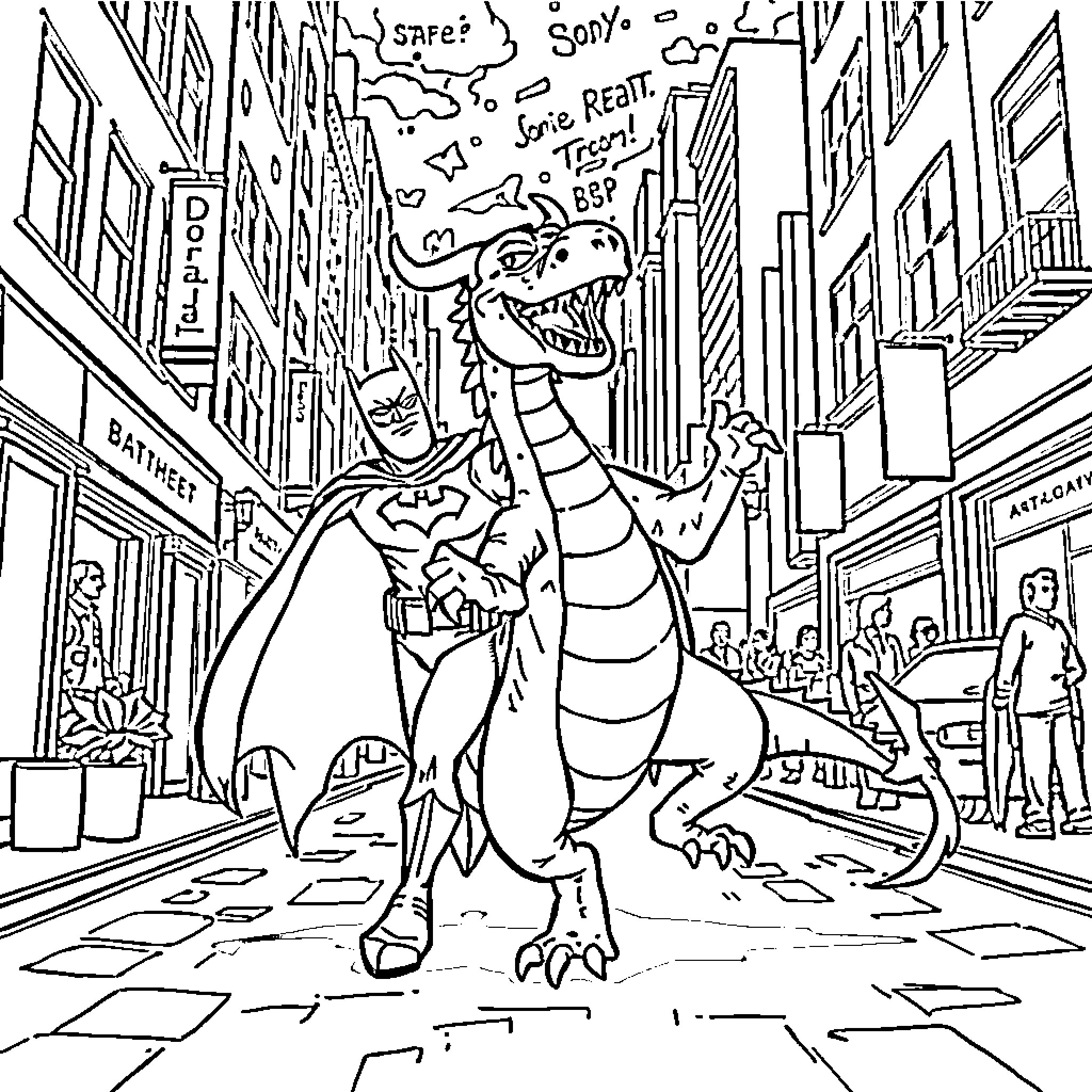 Dragon-like creature rampaging through city streets Coloring Page (free black-and-white line drawing printable PDF for all, from beginners to advanced learners, including children, teens, adults, and seniors)