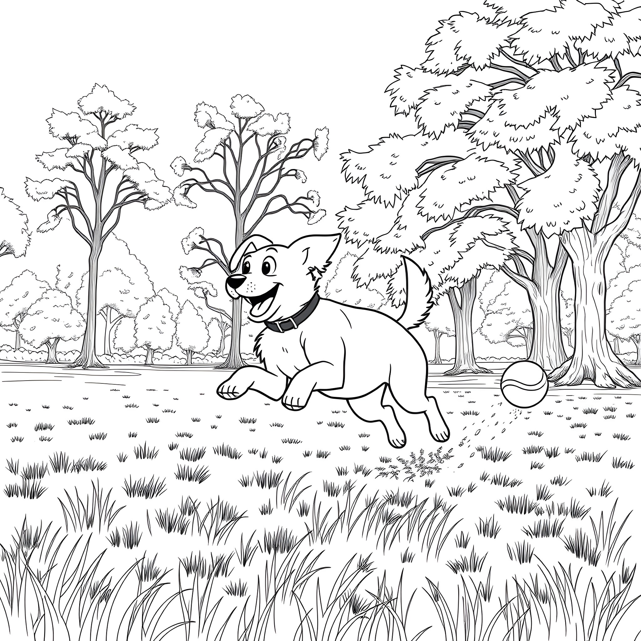 Dog playing happily in the forest Coloring Page (free black-and-white line drawing printable PDF for all, from beginners to advanced learners, including children, teens, adults, and seniors)