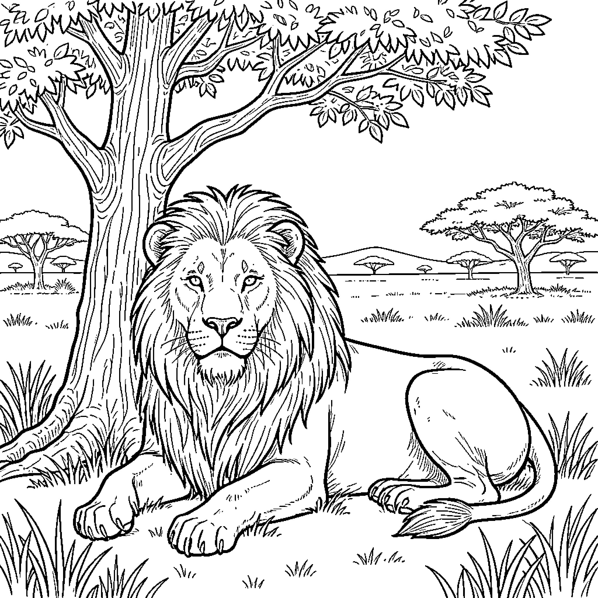 Lion resting in the African savanna Coloring Page (free black-and-white line drawing printable PDF for all, from beginners to advanced learners, including children, teens, adults, and seniors)