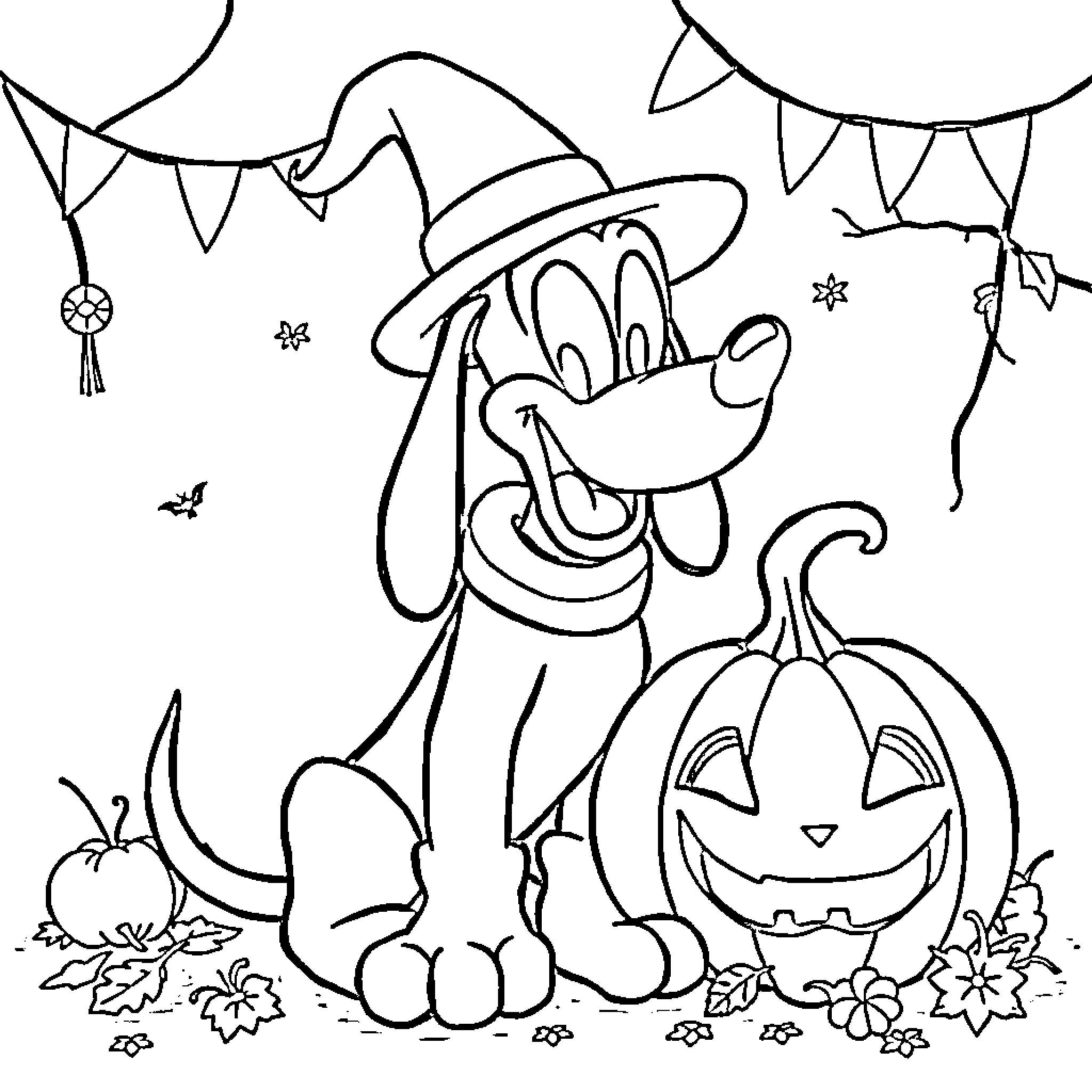 Pluto's Halloween Party with Pumpkin and Decorations Coloring Page (free black-and-white line drawing printable PDF for all, from beginners to advanced learners, including children, teens, adults, and seniors)