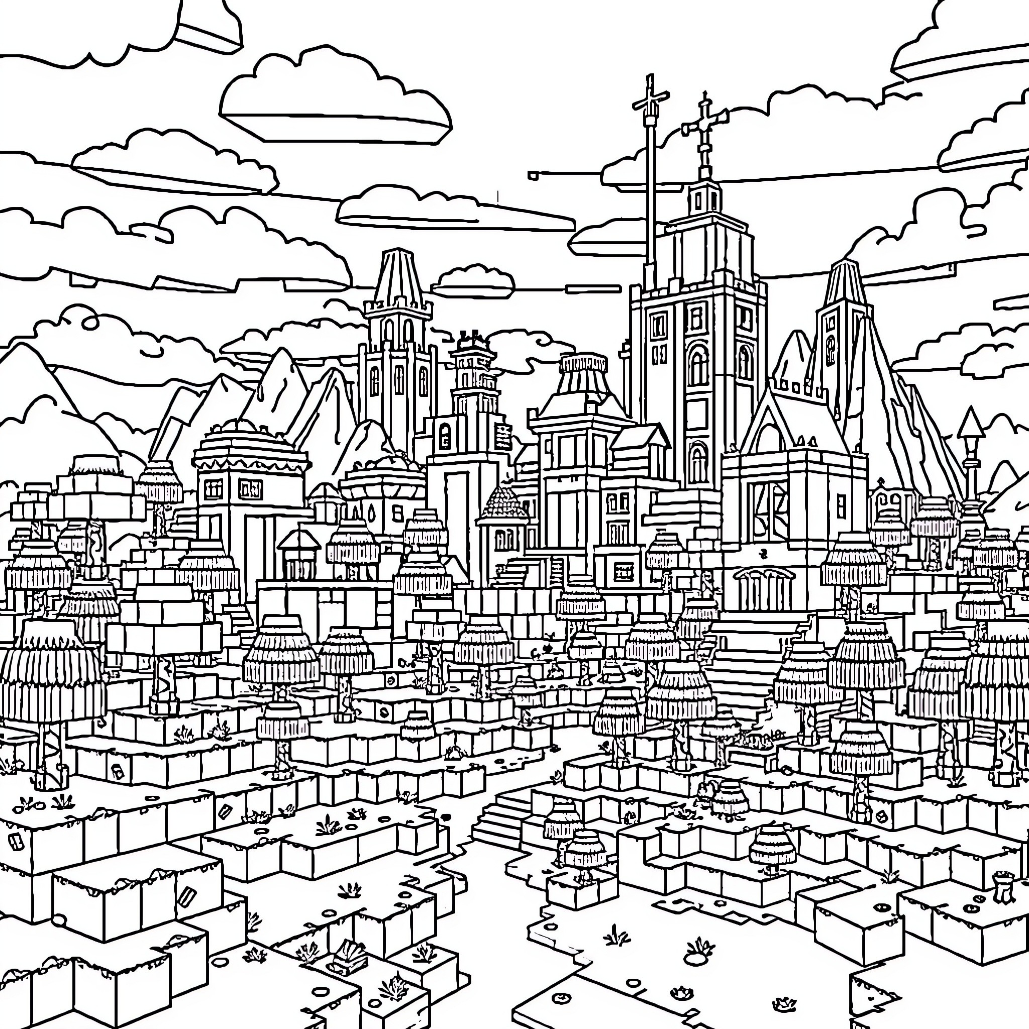 Minecraft fantasy city landscape with buildings and clouds Coloring Page (free black-and-white line drawing printable PDF for all, from beginners to advanced learners, including children, teens, adults, and seniors)