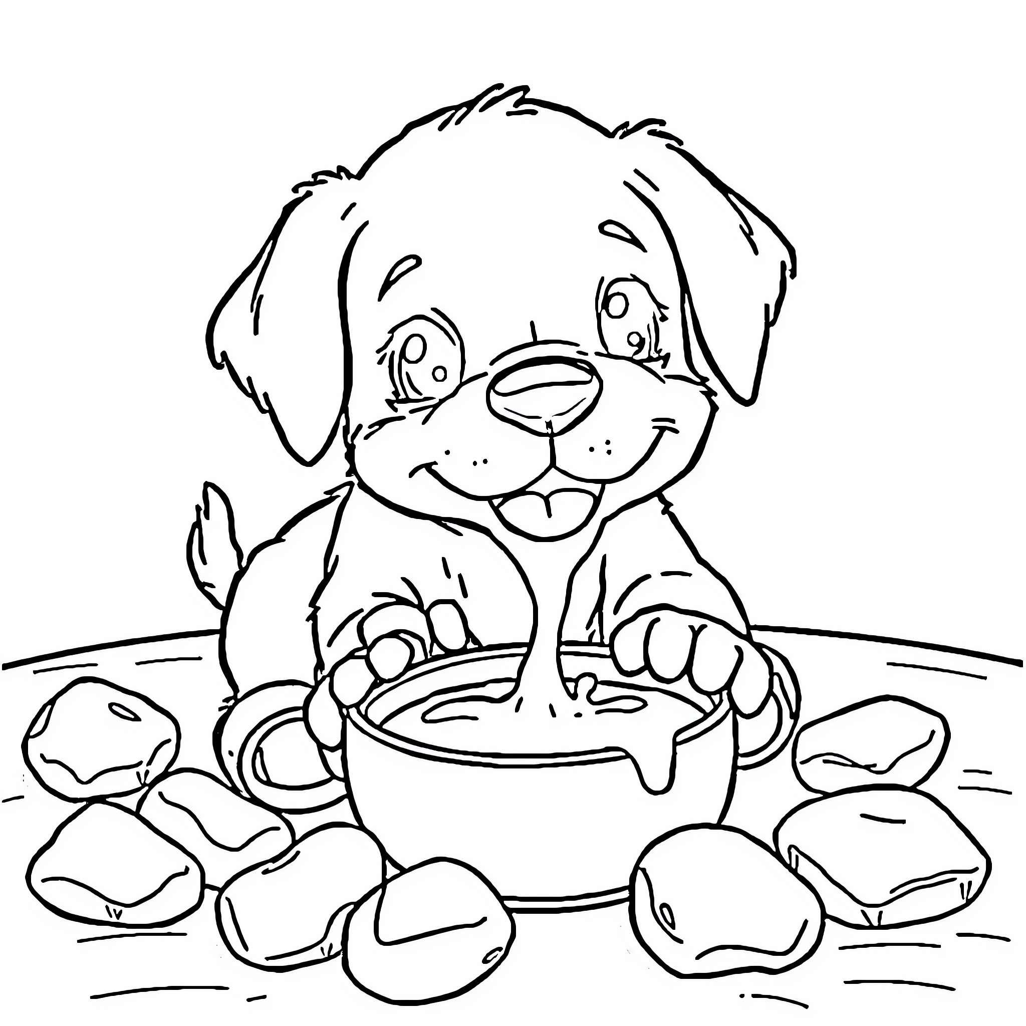 Puppy enjoying a bowl of treats Coloring Page (free black-and-white line drawing printable PDF for all, from beginners to advanced learners, including children, teens, adults, and seniors)