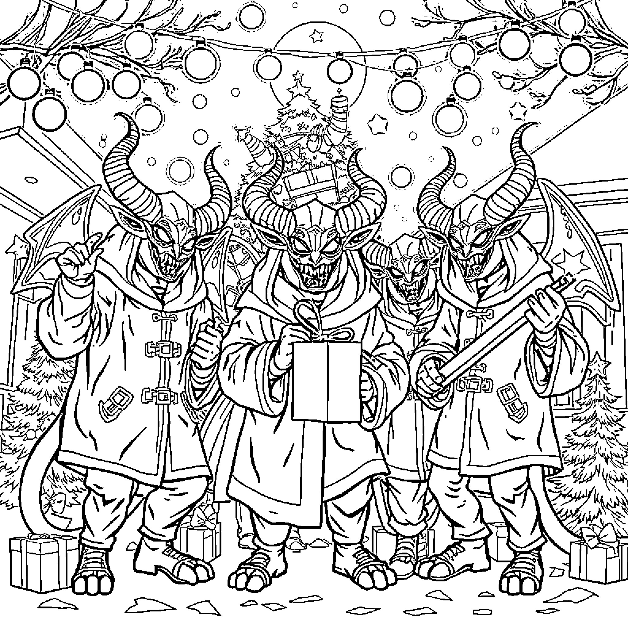 Demon Hunters in Festive Attire Wielding Gifts Coloring Page (free black-and-white line drawing printable PDF for all, from beginners to advanced learners, including children, teens, adults, and seniors)