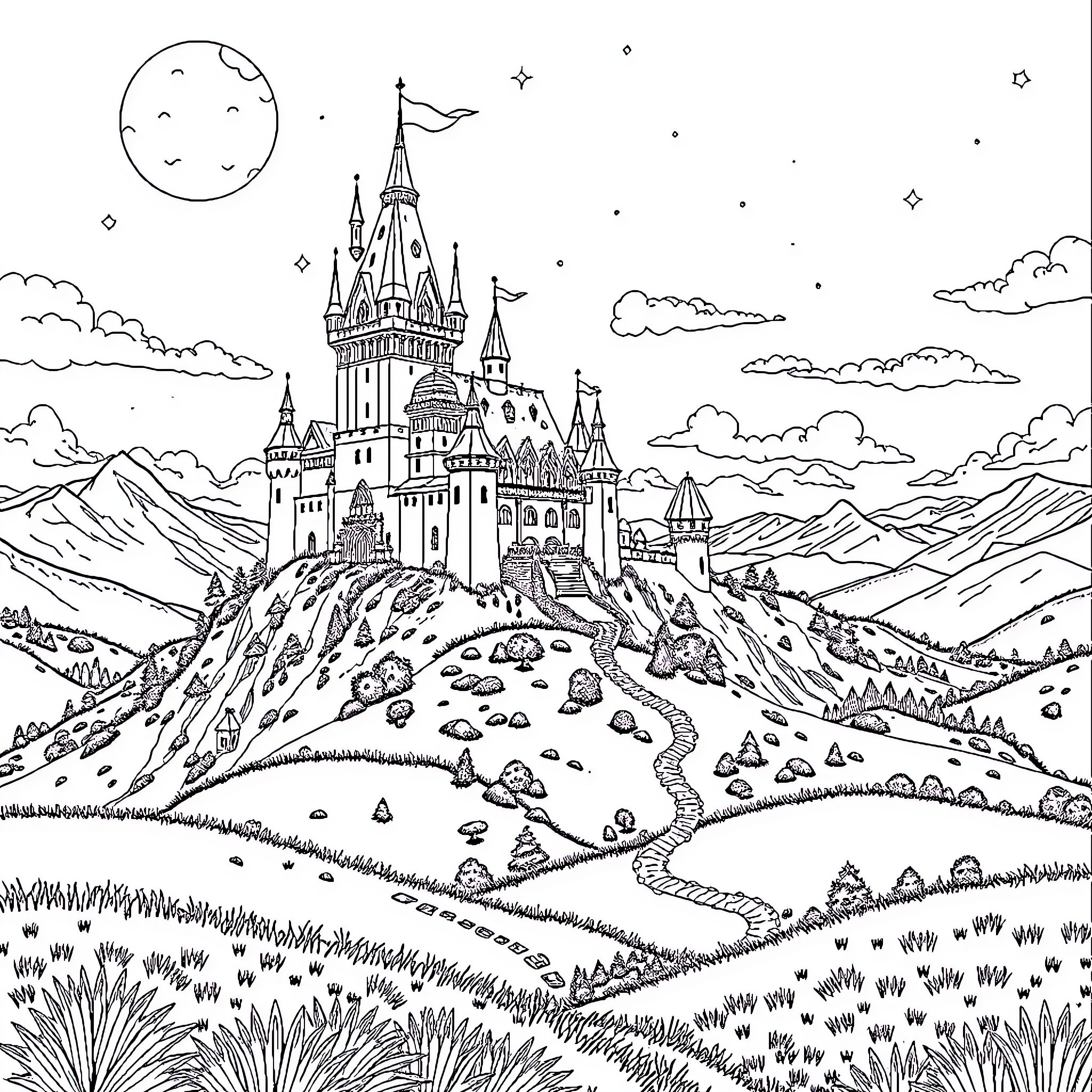 Castle in the Moonlit Landscape Coloring Page (free black-and-white line drawing printable PDF for all, from beginners to advanced learners, including children, teens, adults, and seniors)