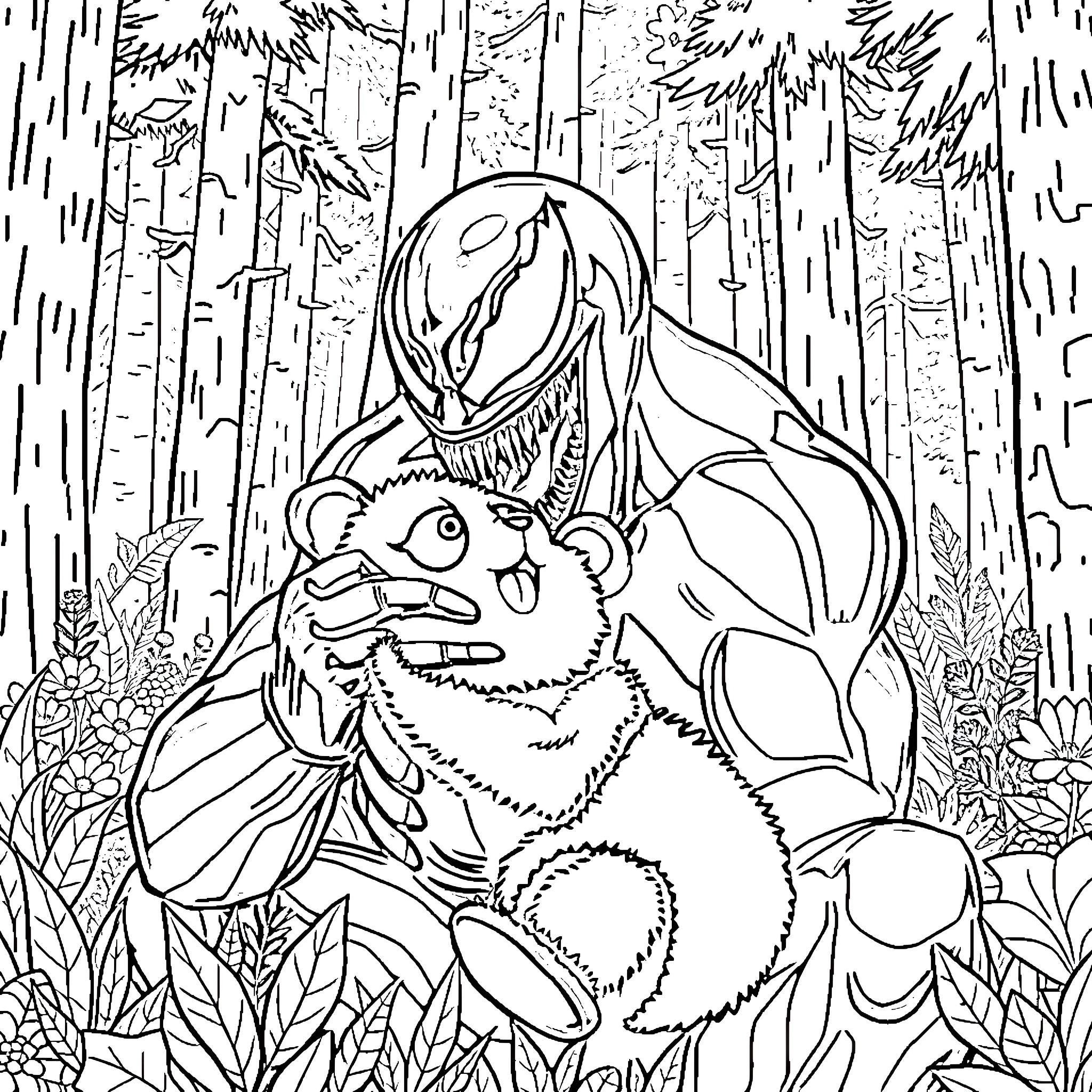 Venom Protecting Teddy Bear in Mysterious Forest Coloring Page (free black-and-white line drawing printable PDF for all, from beginners to advanced learners, including children, teens, adults, and seniors)