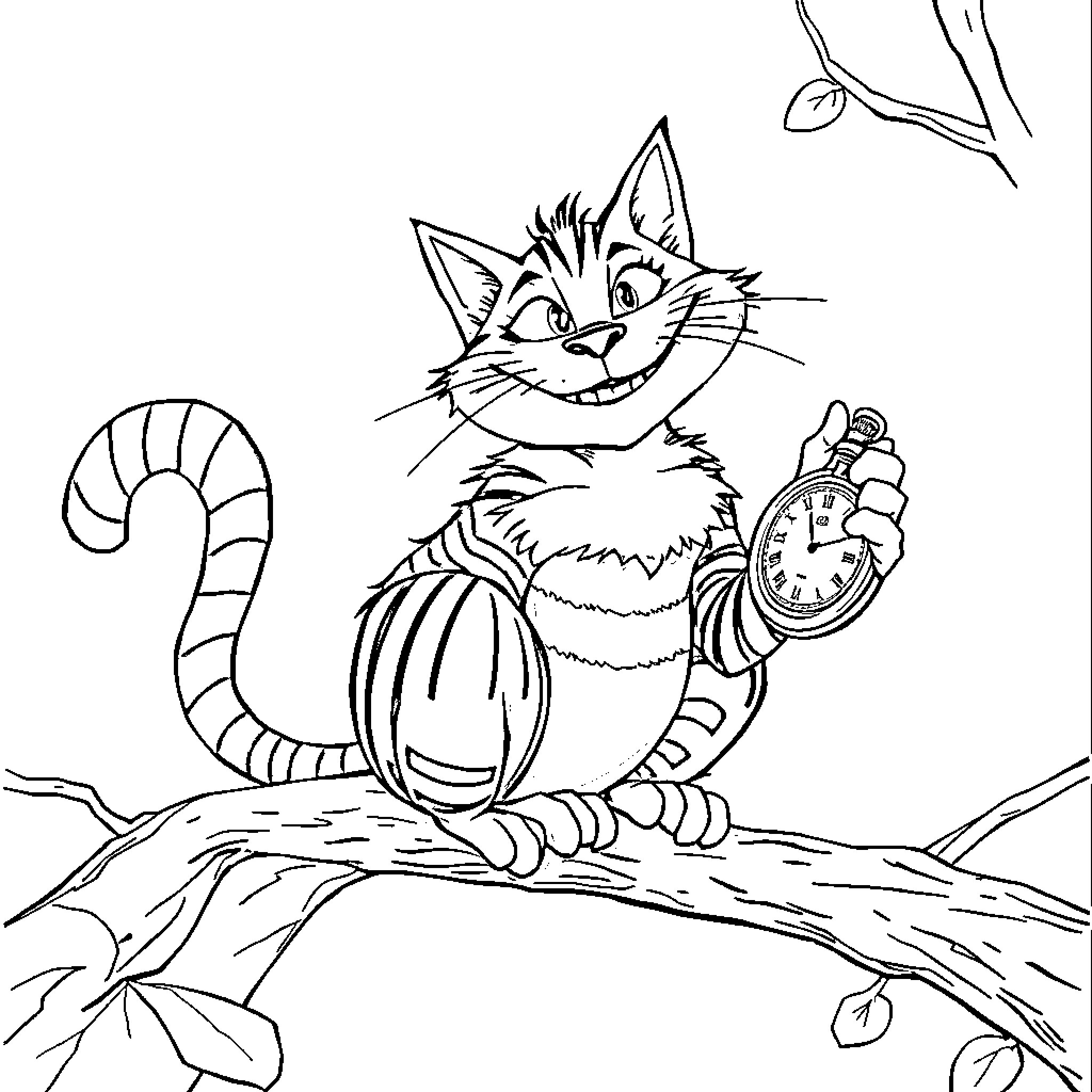 Cheshire Cat with pocket watch sitting on a tree branch Coloring Page (free black-and-white line drawing printable PDF for all, from beginners to advanced learners, including children, teens, adults, and seniors)