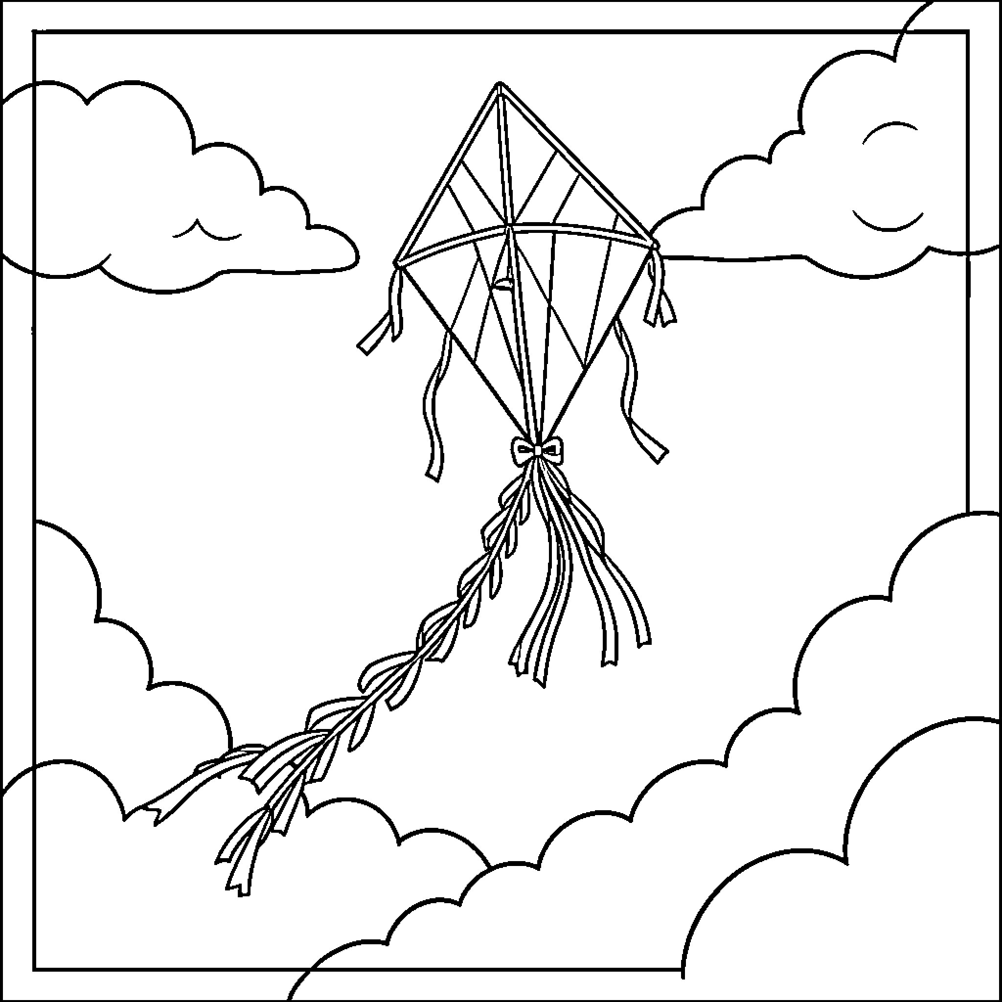 Kite flying gracefully in the sky Coloring Page (free black-and-white line drawing printable PDF for all, from beginners to advanced learners, including children, teens, adults, and seniors)