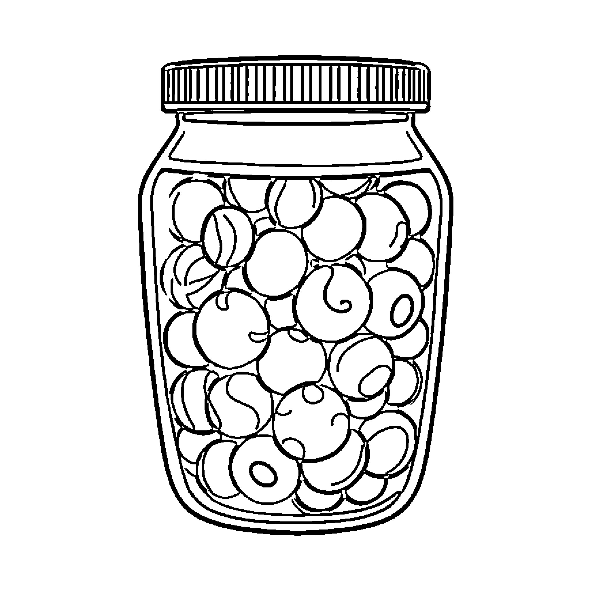 Candy jar filled with assorted candies Coloring Page (free black-and-white line drawing printable PDF for all, from beginners to advanced learners, including children, teens, adults, and seniors)