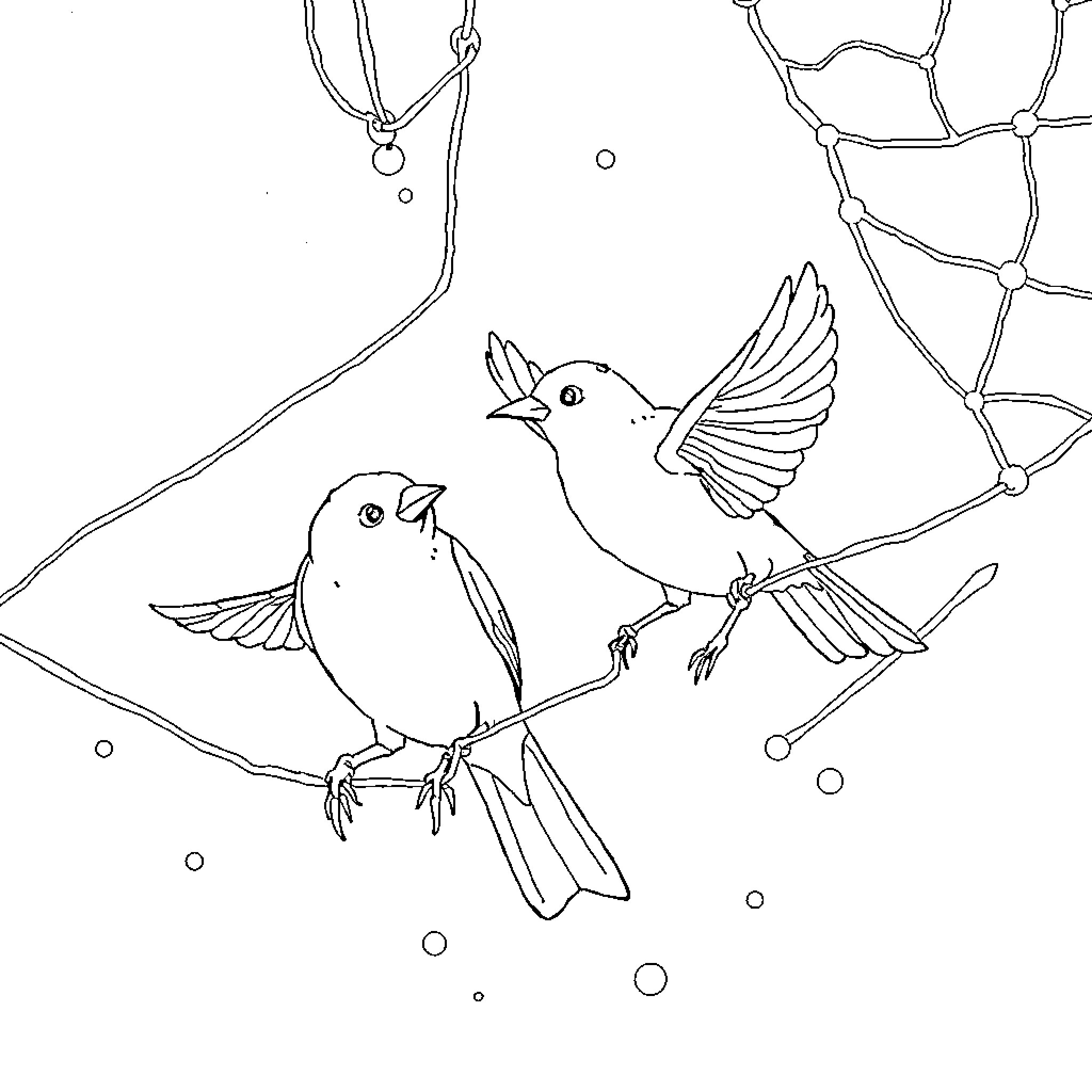 Birds perching and flying on branch Coloring Page (free black-and-white line drawing printable PDF for all, from beginners to advanced learners, including children, teens, adults, and seniors)