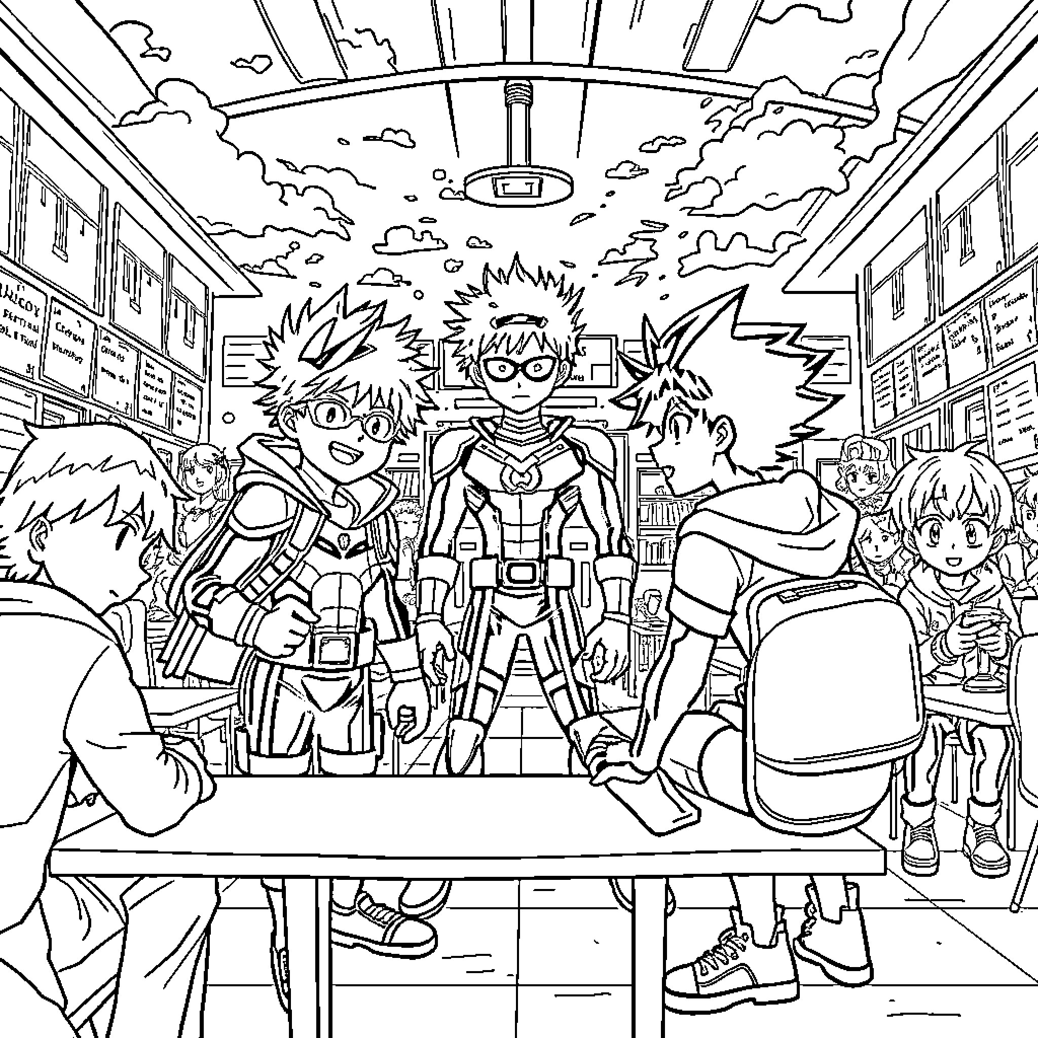 My Hero Academia: Heroic Students in Action Coloring Page (free black-and-white line drawing printable PDF for all, from beginners to advanced learners, including children, teens, adults, and seniors)