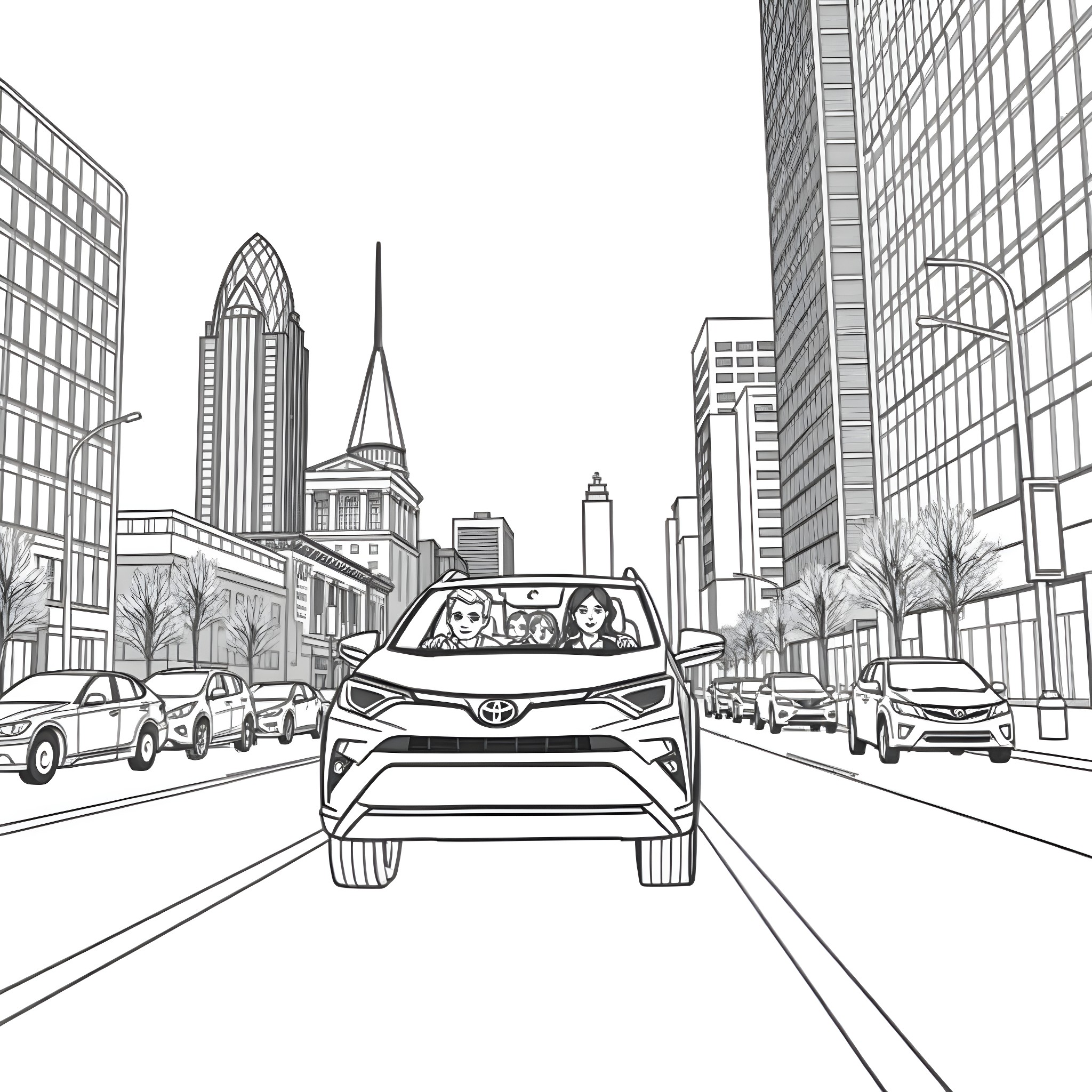 Toyota SUV driving through bustling city streets Coloring Page (free black-and-white line drawing printable PDF for all, from beginners to advanced learners, including children, teens, adults, and seniors)